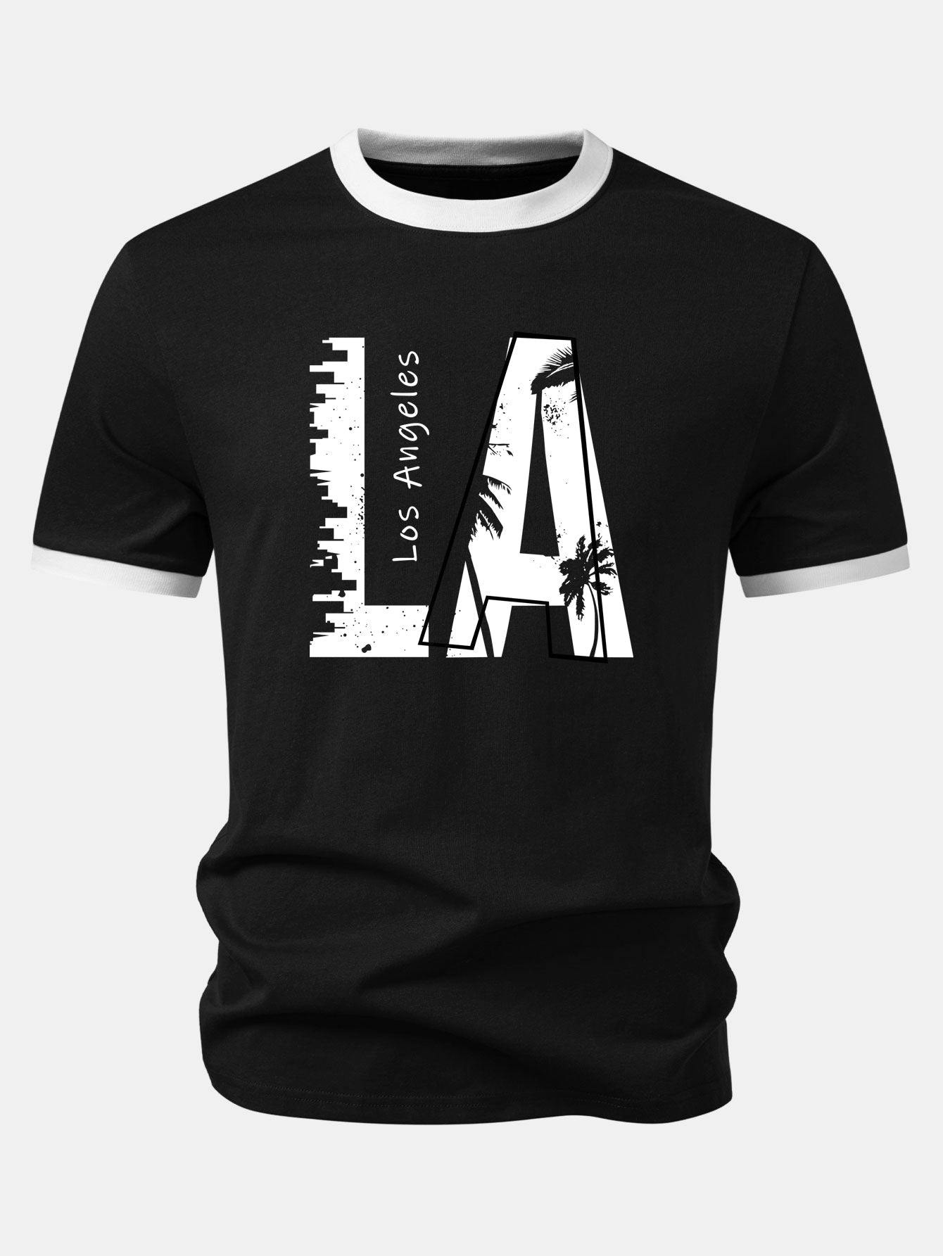 Los Angeles Print Contrast Ringer T-Shirt & 5" Drawstring  Corduroy Shorts