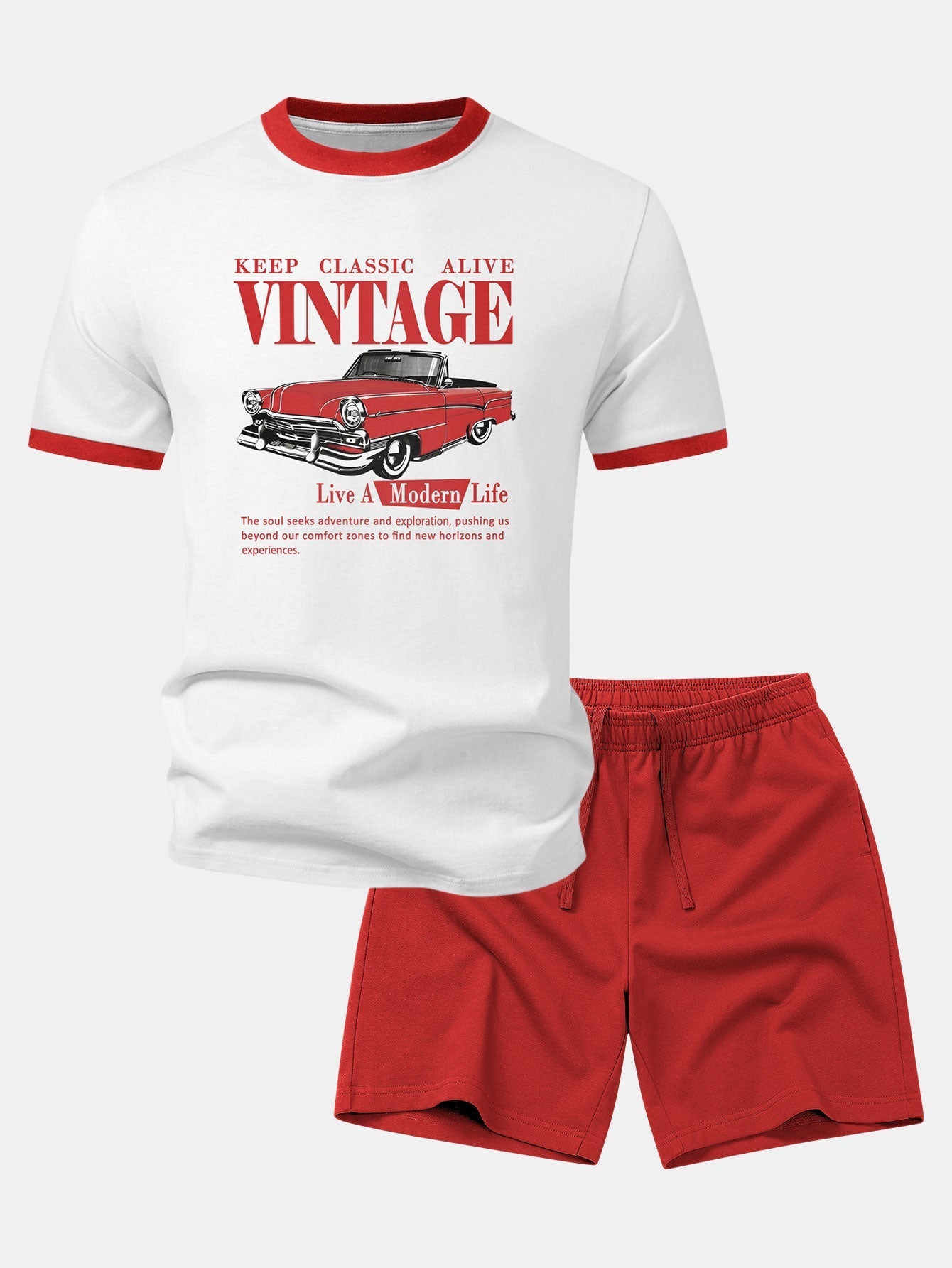 Vintage Car Print Contrast Ringer T-Shirt & Cotton Drawstring 7" Shorts