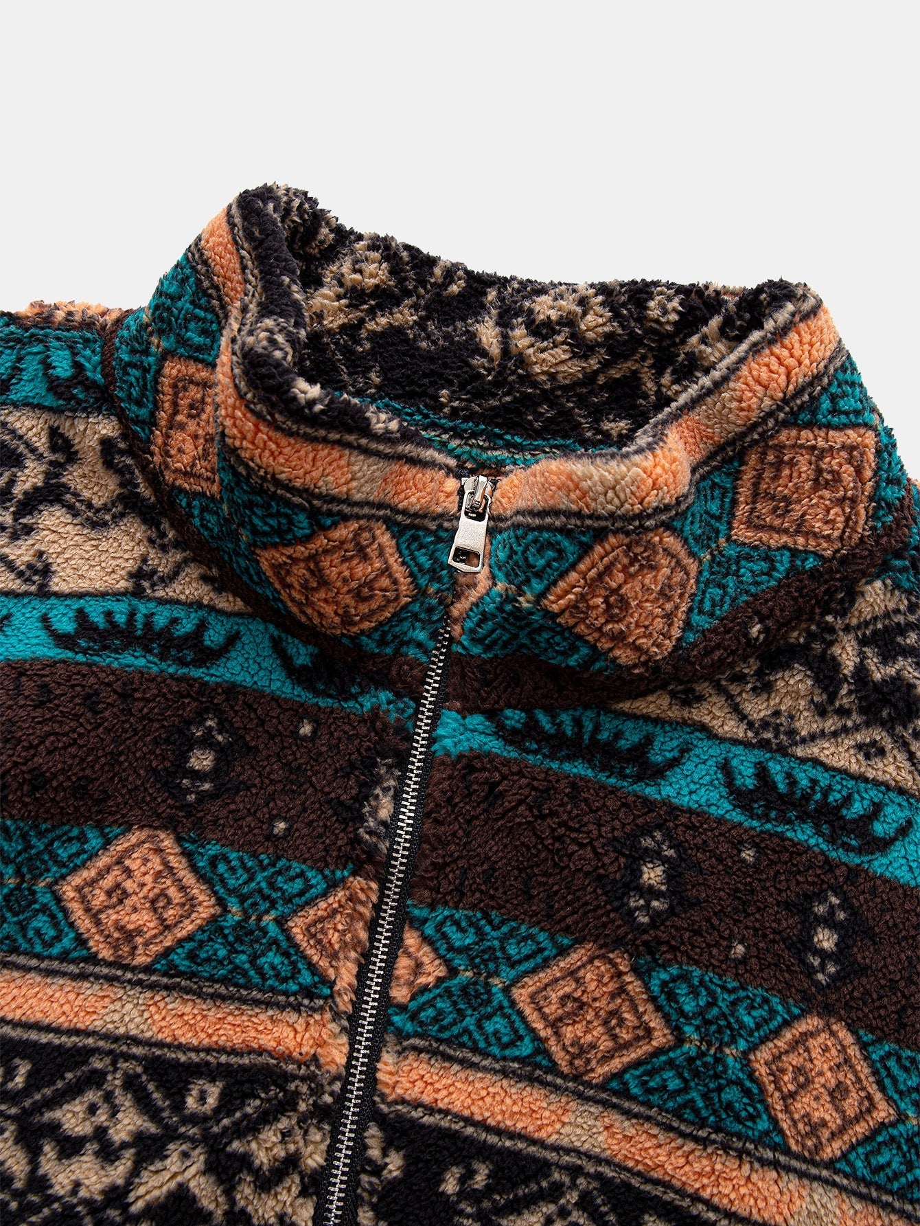 Relax Fit Quarter Zip Ethnic Geometric Patchwork Teddy Sweatshirt & Corduroy Jogger Pants