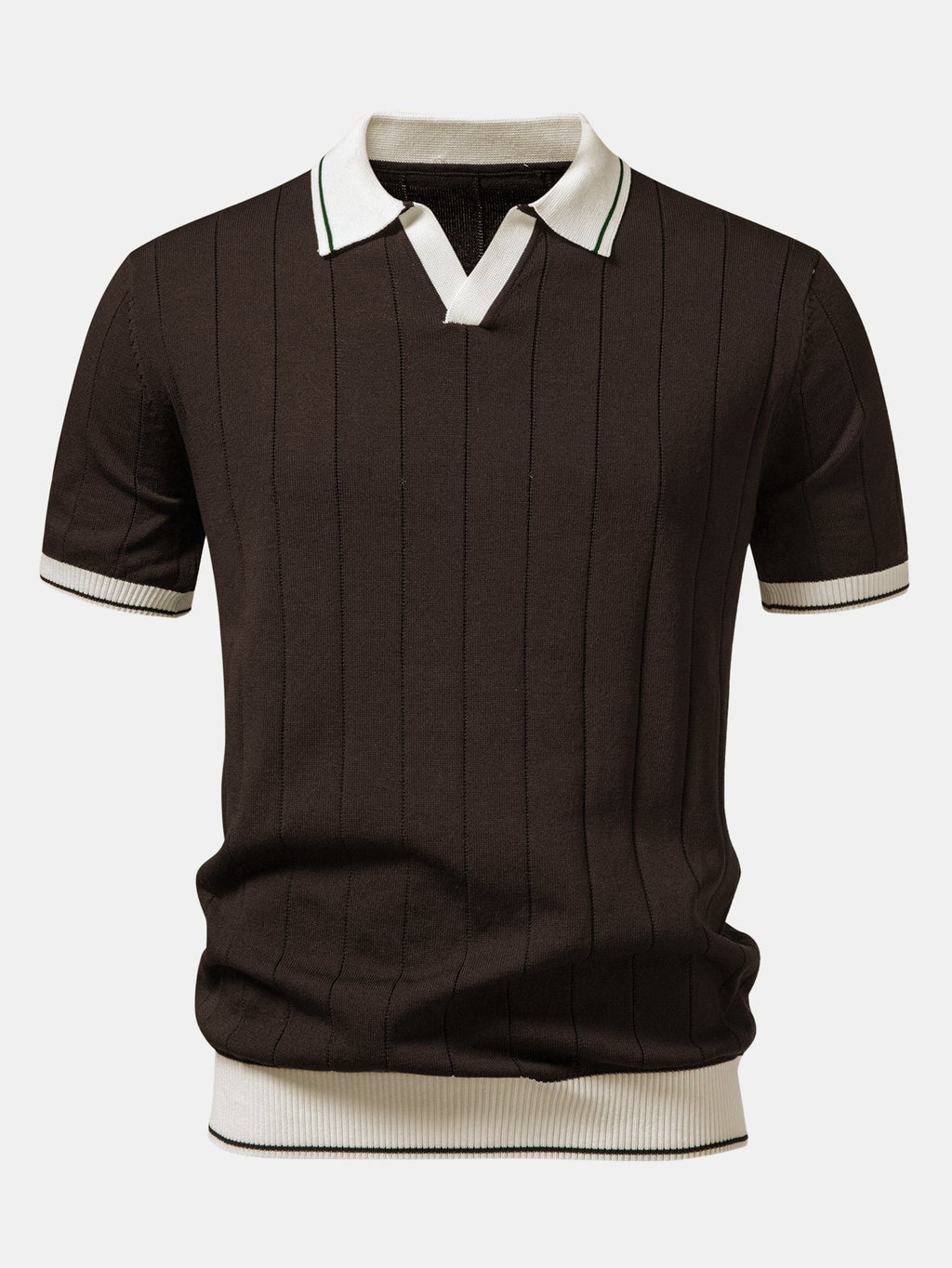 Contrast Trim Ribbed Johnny Collar Knit Polo & Elastic Waist Chino Shorts