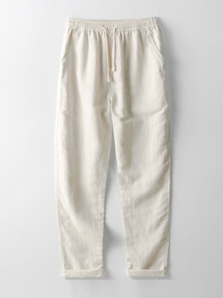Textured Johnny Collar Crocheted Knit Polo & Straight Leg Linen Pants