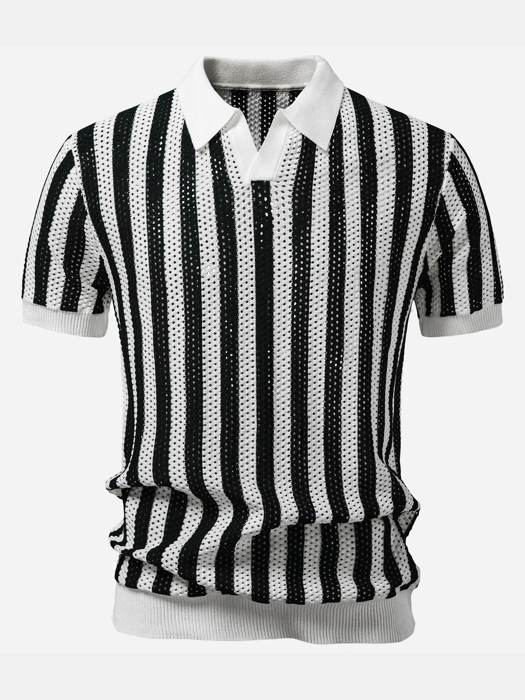Stripe Johnny Collar Open Knit Polo & Straight Leg Linen Pants