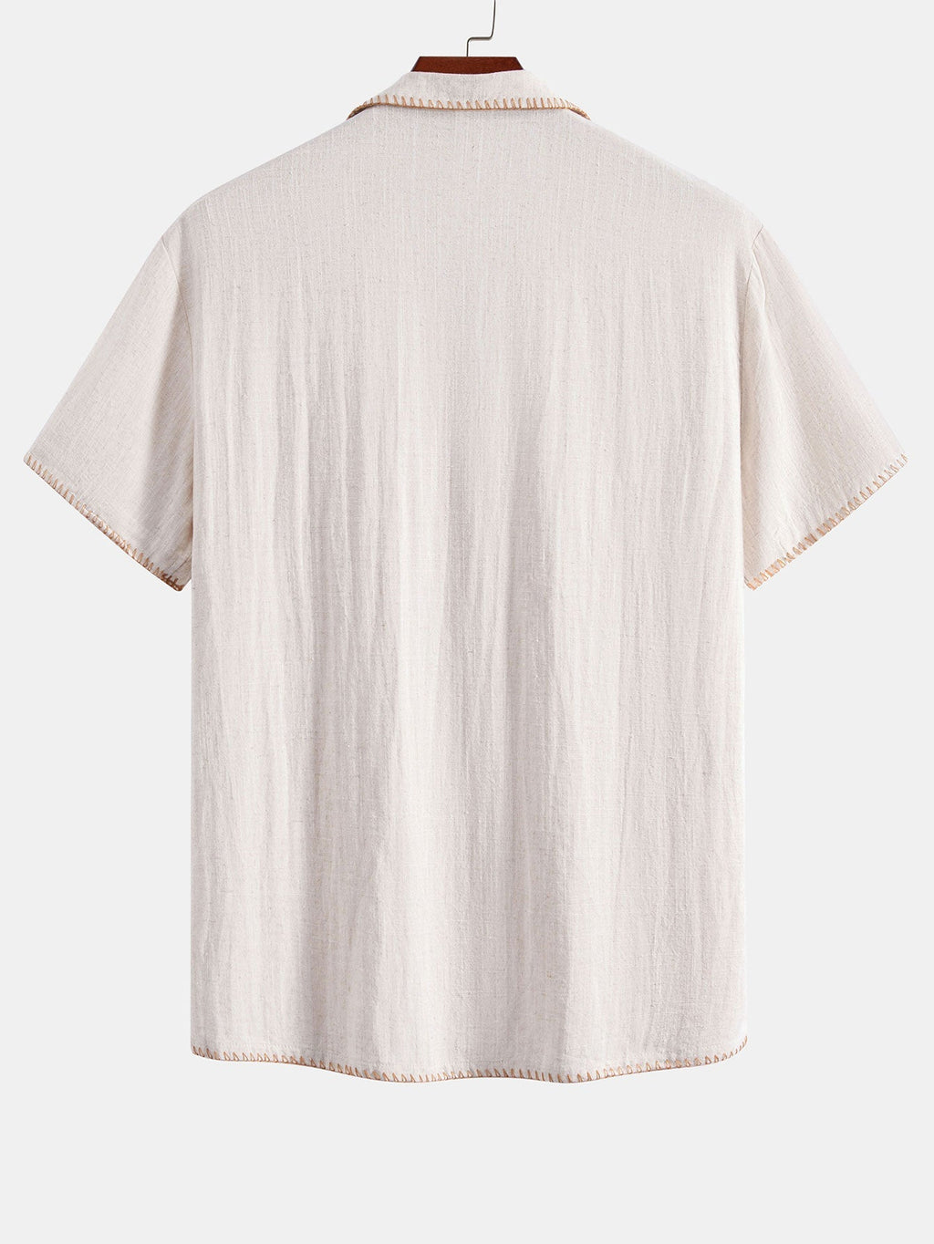 Contrast Stitching Linen Rayon Blend Cuban Shirt & Crinkle Textured Straight Leg Pants