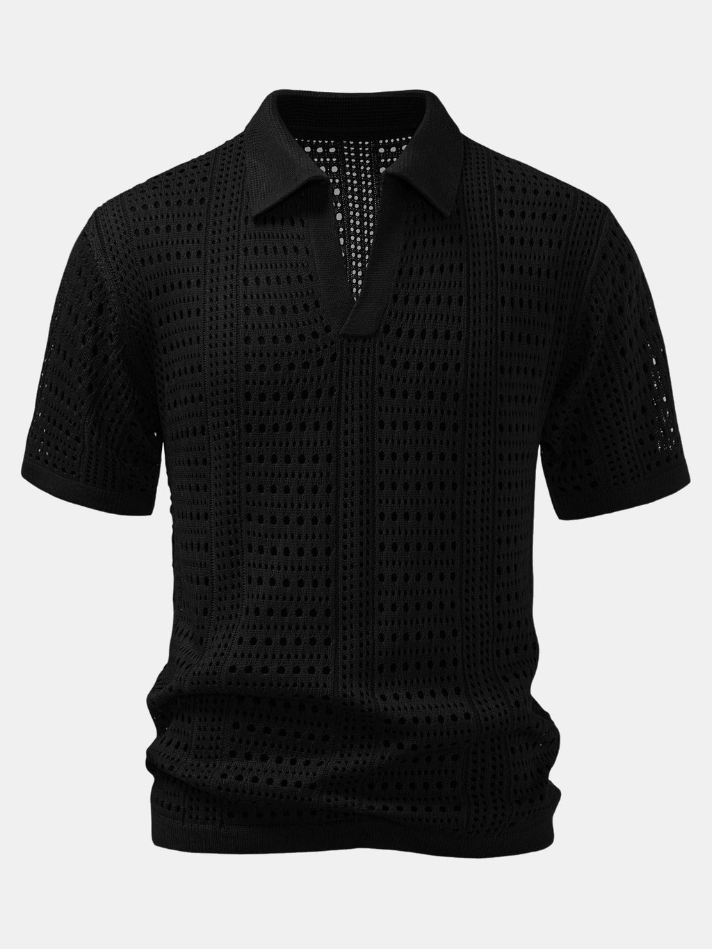 Crochet  V Neck Polo Shirt & Crinkle Textured Drawstring 5" Shorts