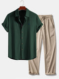 Short Sleeve Linen Look Button Up Shirt & Crinkle Textured Straight Leg Pants