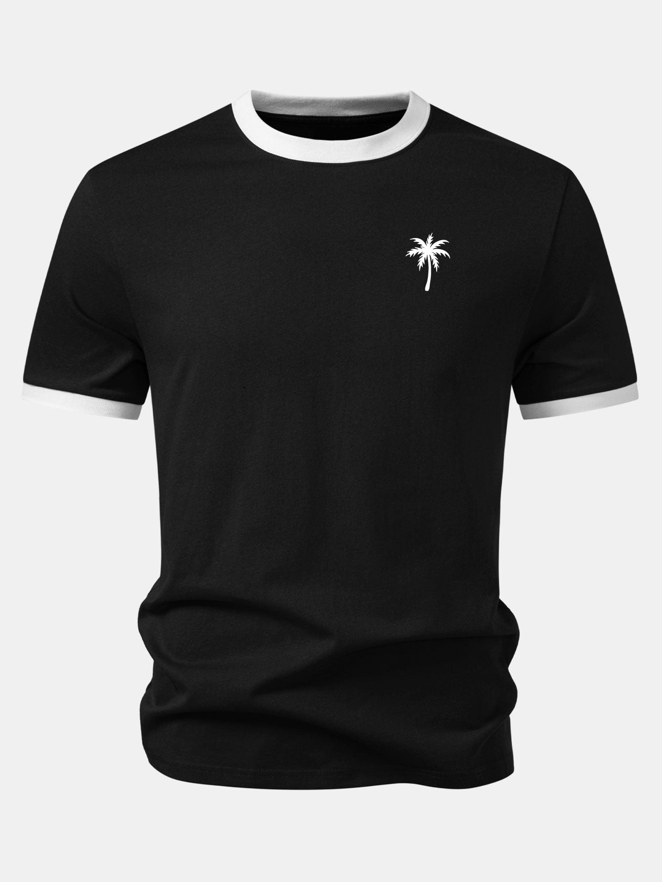 Palm Tree Print Contrast Ringer T-Shirt & Swim Shorts