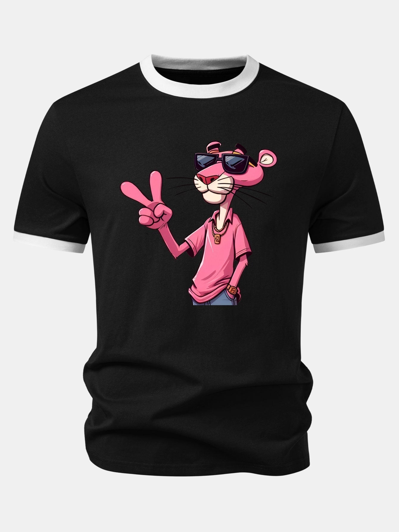 Pink Panther With V Sign Print Contrast Ringer T-Shirt & 5" Drawstring  Corduroy Shorts