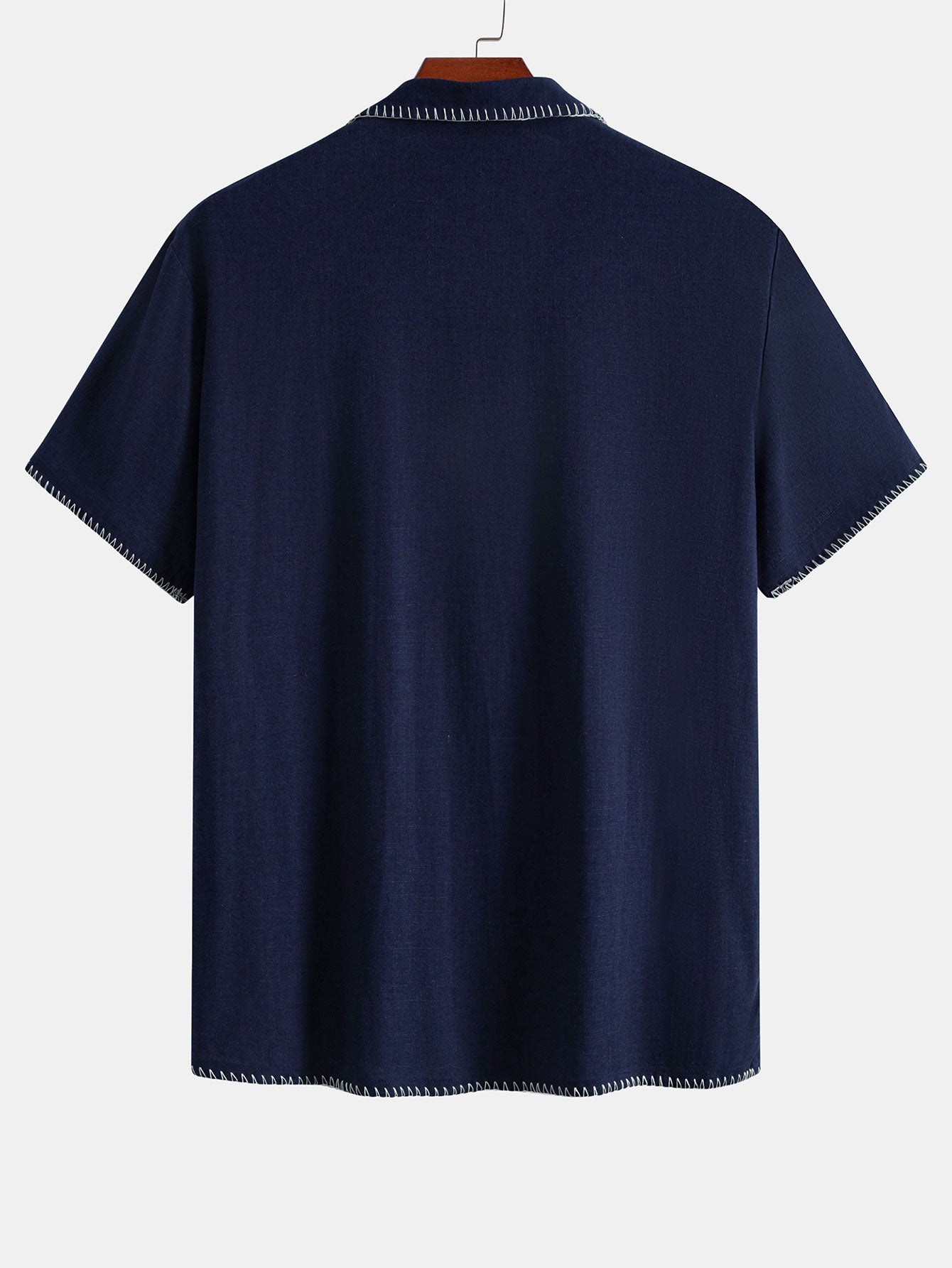 Contrast Stitching Linen Rayon Blend Cuban Shirt & Straight Leg Linen Pants