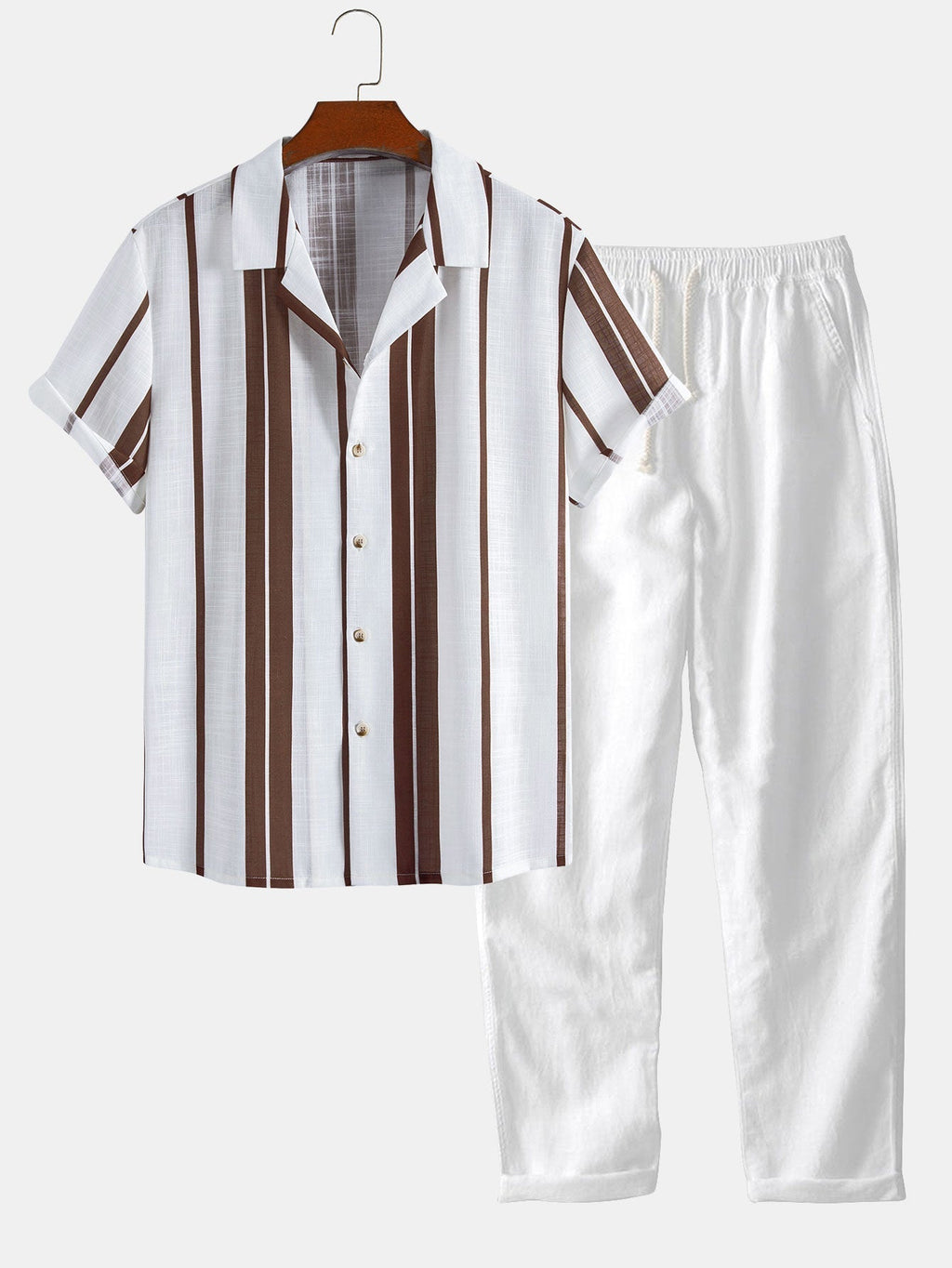 Linen Look Stripe Cuban Shirt & Straight Leg Linen Pants