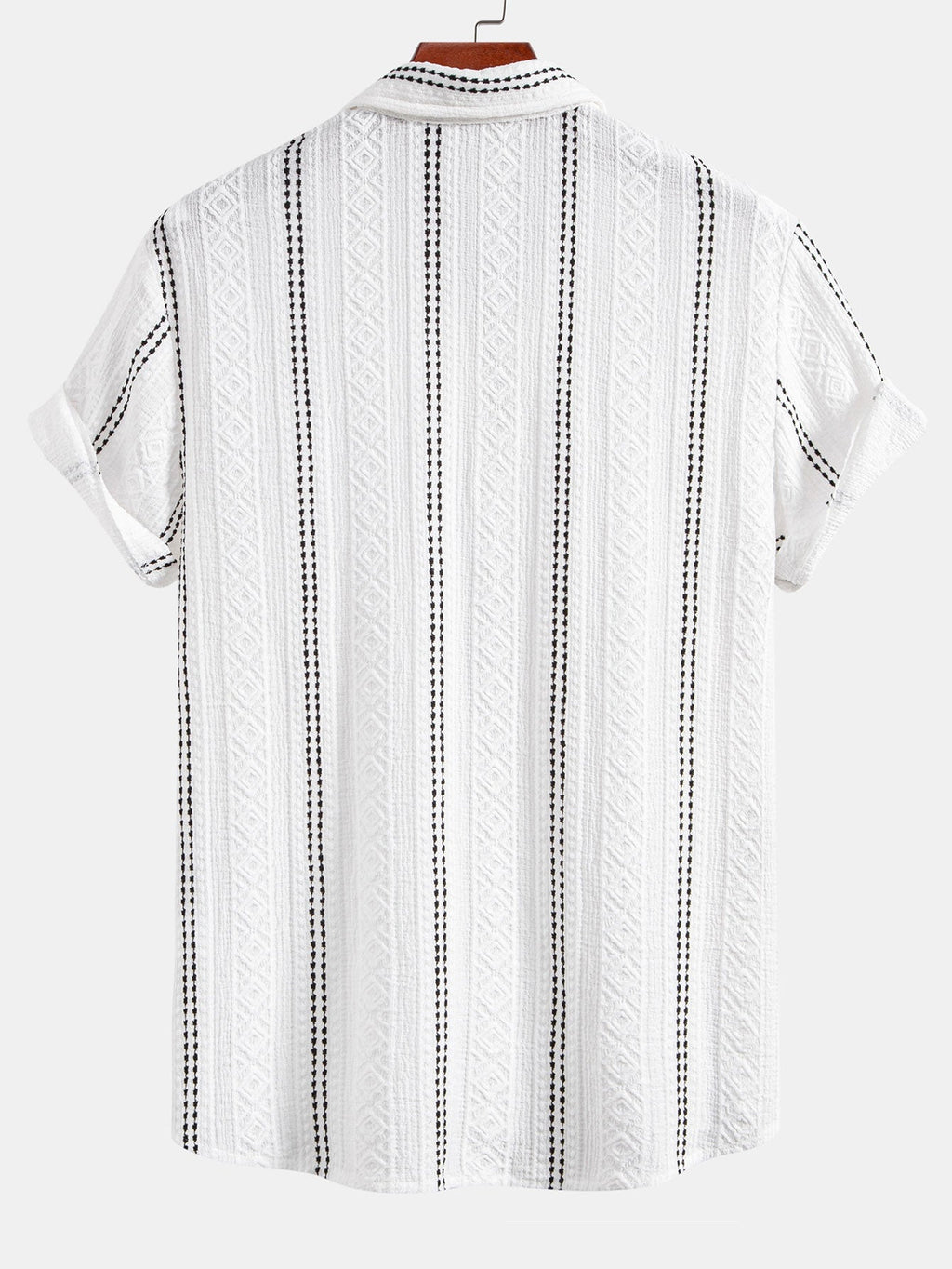 Geometric Striped Jacquard Button Up Shirt & Crinkle Textured Drawstring 5" Shorts