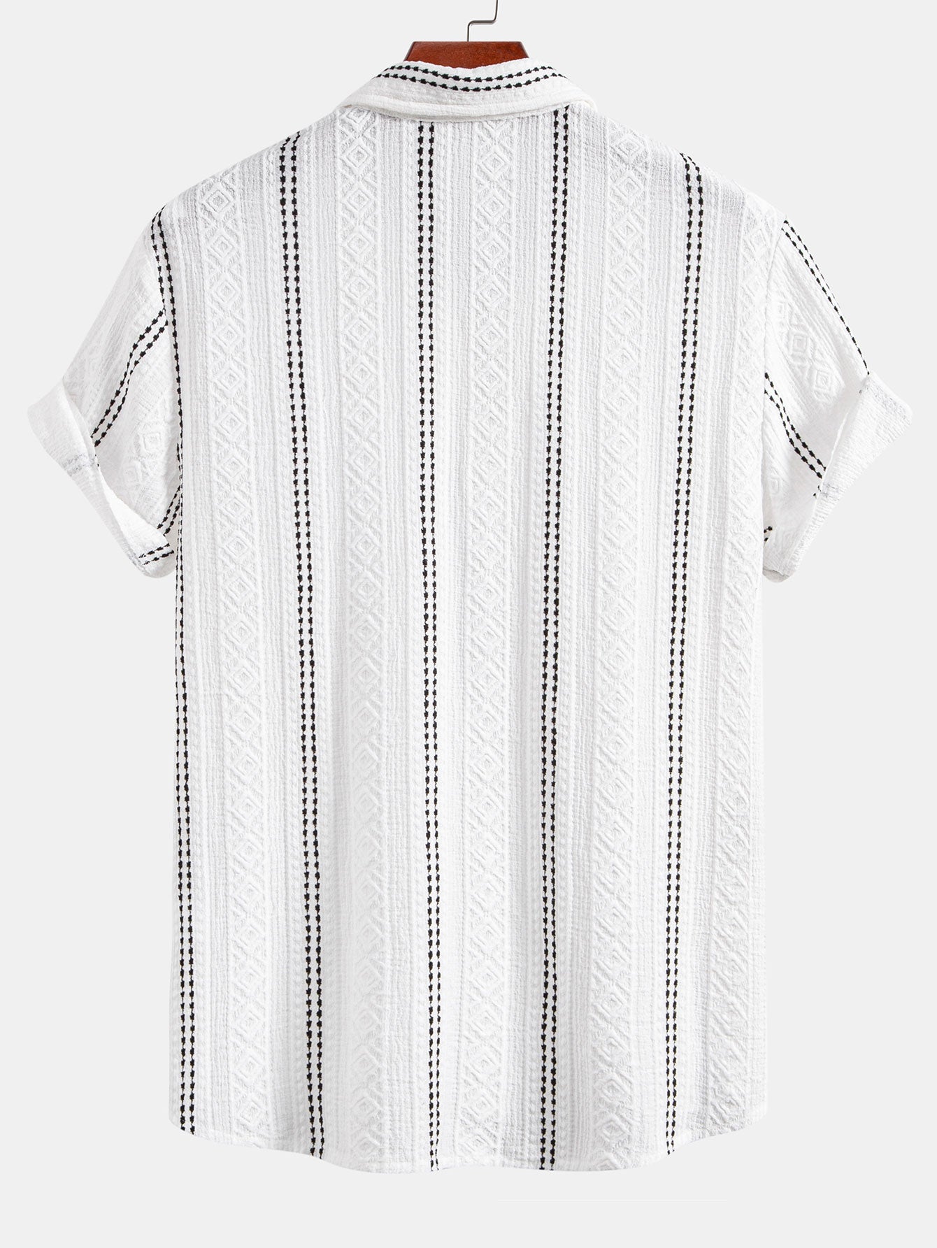 Geometric Striped Jacquard Button Up Shirt & Crinkle Textured Drawstring 5" Shorts