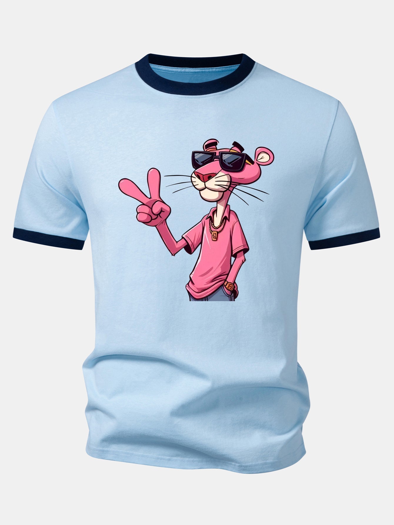 Pink Panther With V Sign Print Contrast Ringer T-Shirt & 5" Drawstring  Corduroy Shorts