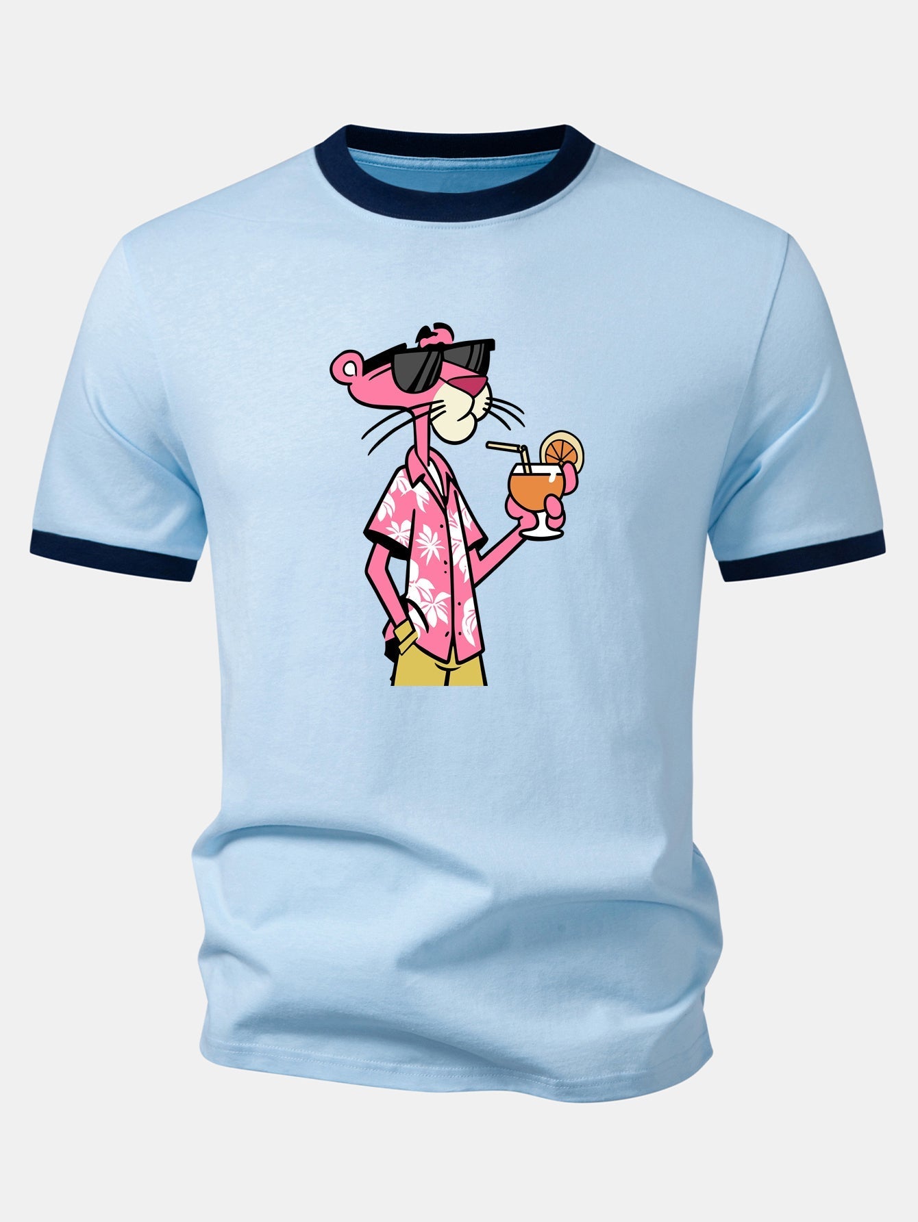 Vacation Pink Panther Print Contrast Ringer T-Shirt & Color Block Drawstring 6" Corduroy Shorts
