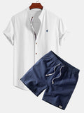 Short Sleeve Linen Look Stand Collar Shirt & Linen Blend Drawstring 7" Shorts
