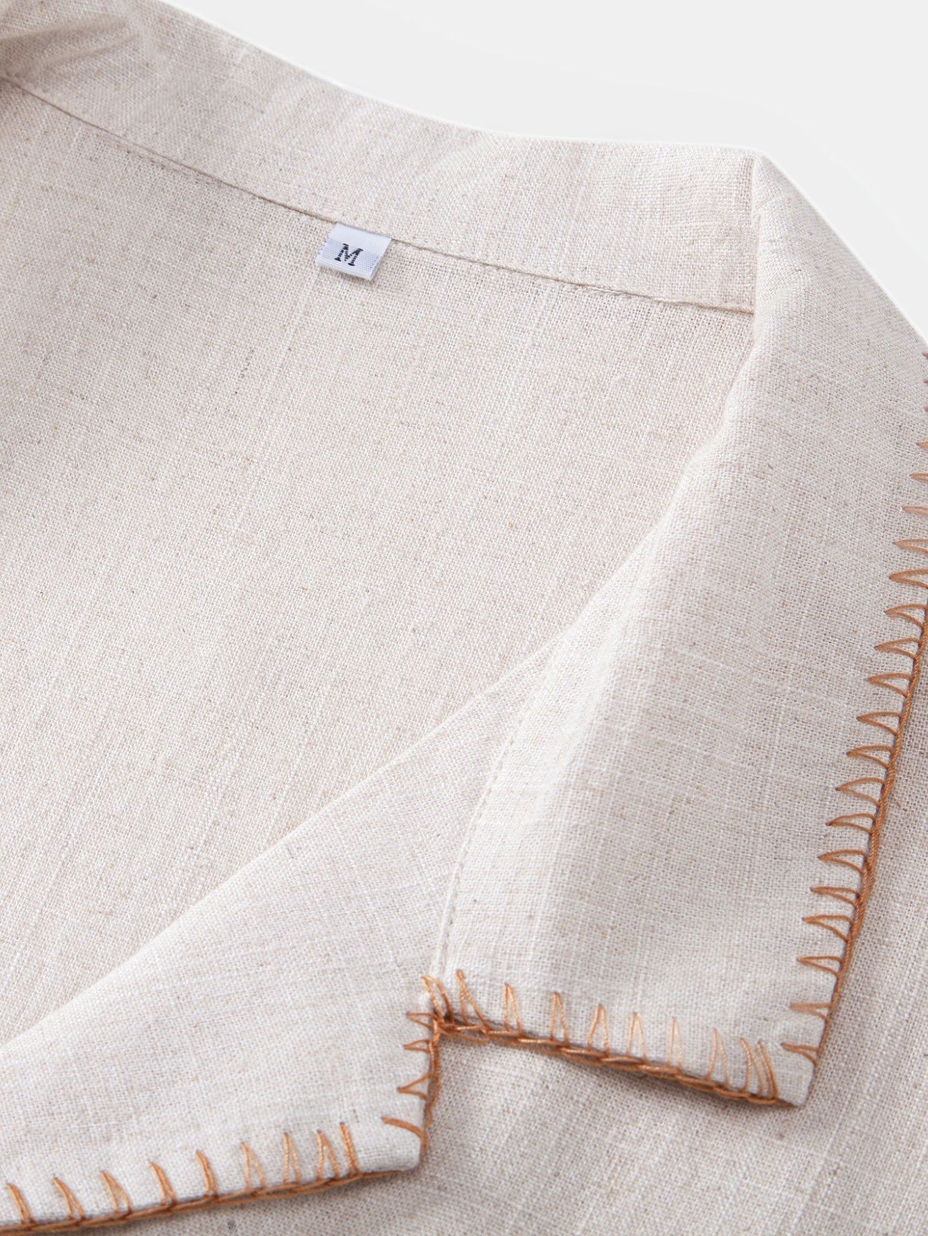 Contrast Stitching Linen Rayon Blend Cuban Shirt & Crinkle Textured Straight Leg Pants