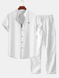 Short Sleeve Linen Look Stand Collar Shirt & Straight Leg Linen Pants