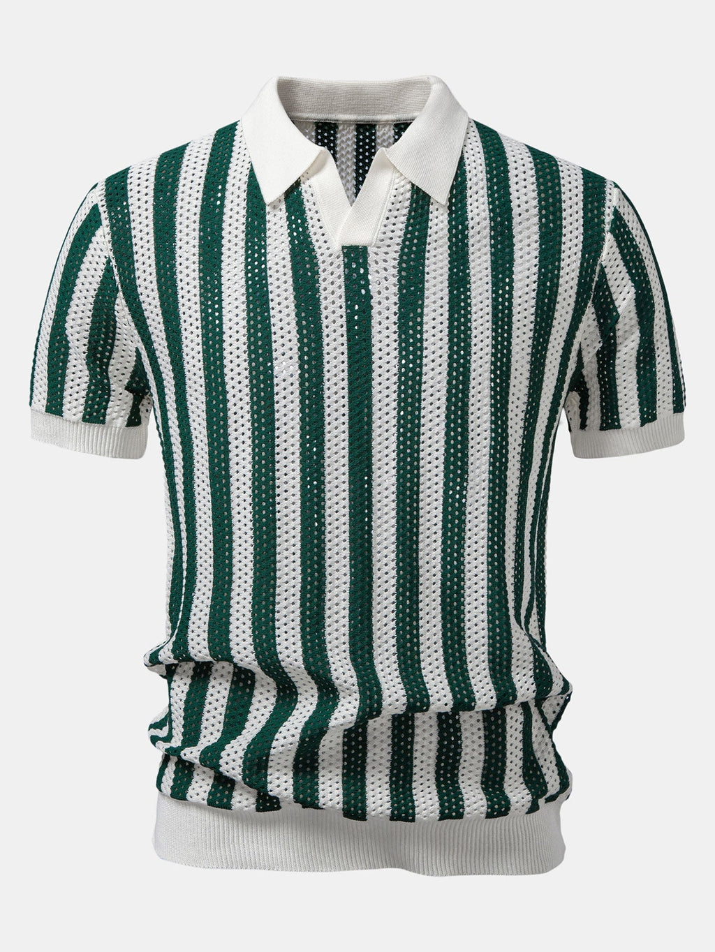 Stripe Johnny Collar Open Knit Polo & Straight Leg Linen Pants