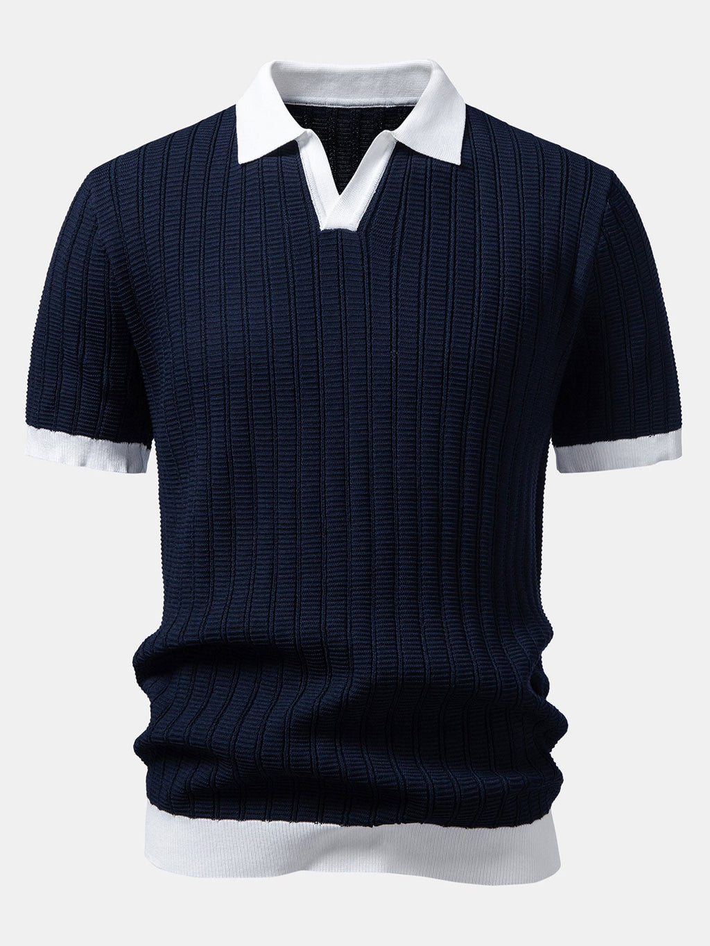 Contrast Textured Johnny Collar Knit Polo & Elastic Waist Straight Leg Trousers