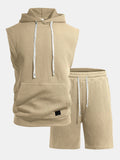 Stripe Textured Sleeveless Hooded T-Shirt & Drawstring Shorts Set
