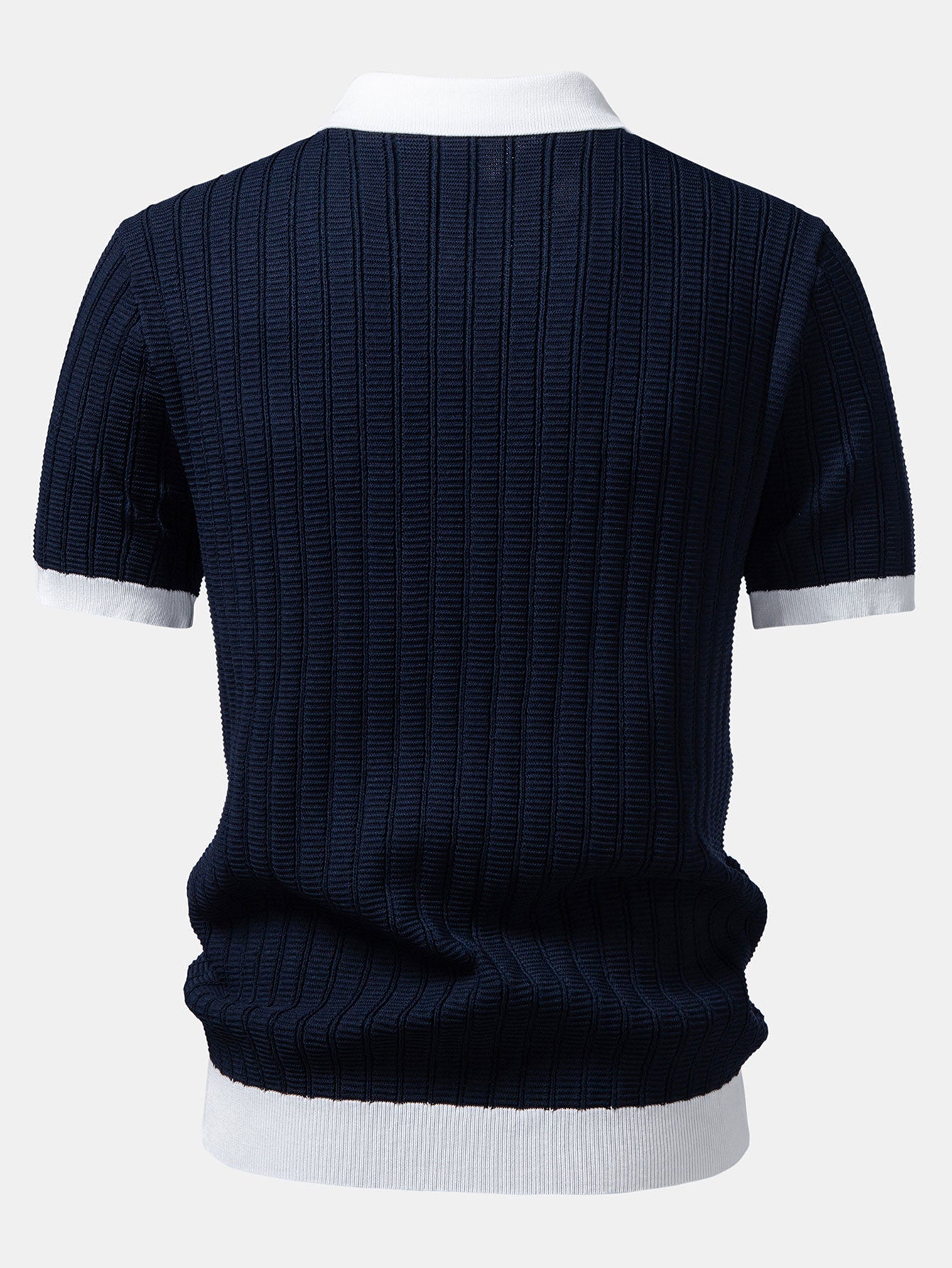 Contrast Textured Johnny Collar Knit Polo & Elastic Waist Straight Leg Trousers
