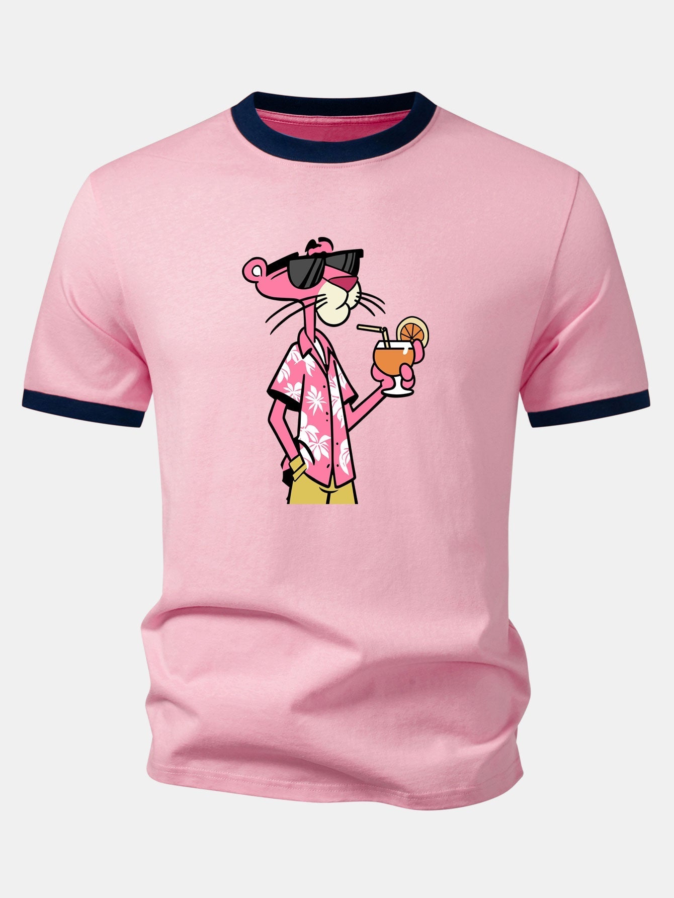 Vacation Pink Panther Print Contrast Ringer T-Shirt & Color Block Drawstring 6" Corduroy Shorts