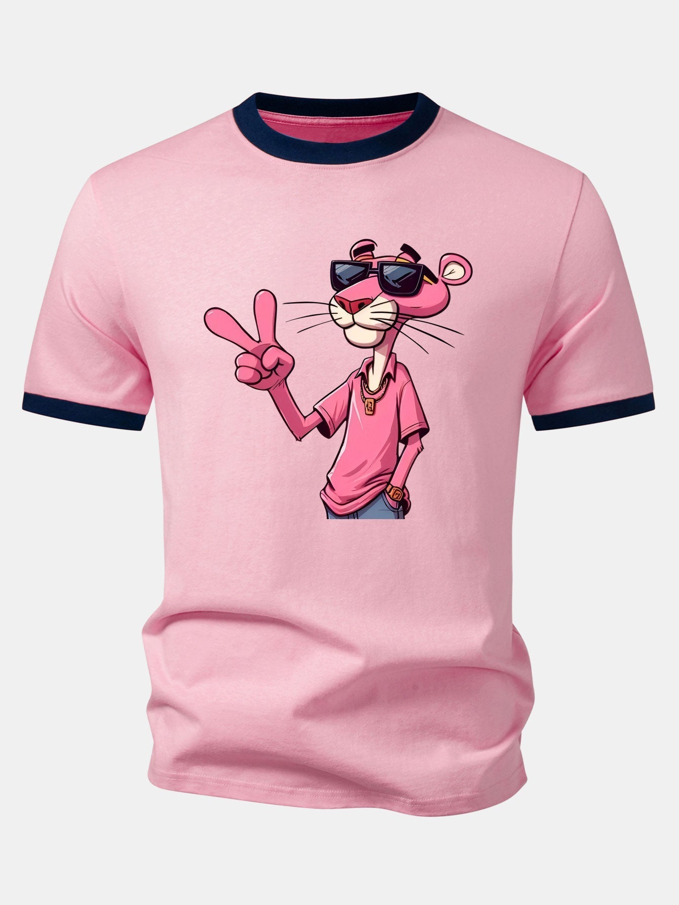 Pink Panther With V Sign Print Contrast Ringer T-Shirt & 5" Drawstring  Corduroy Shorts