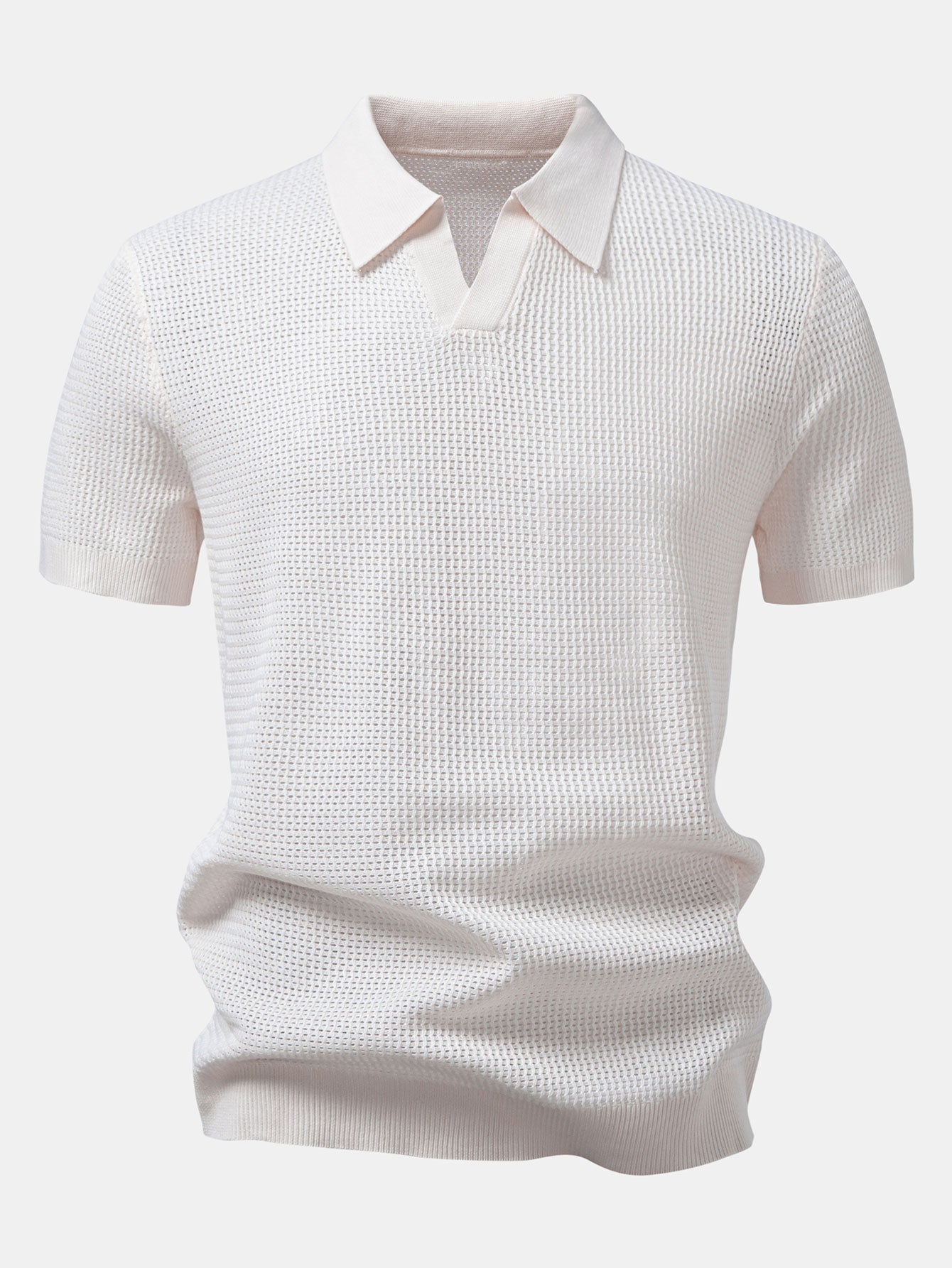 Textured Johnny Collar Crocheted Knit Polo & Crinkle Textured Straight Leg Pants
