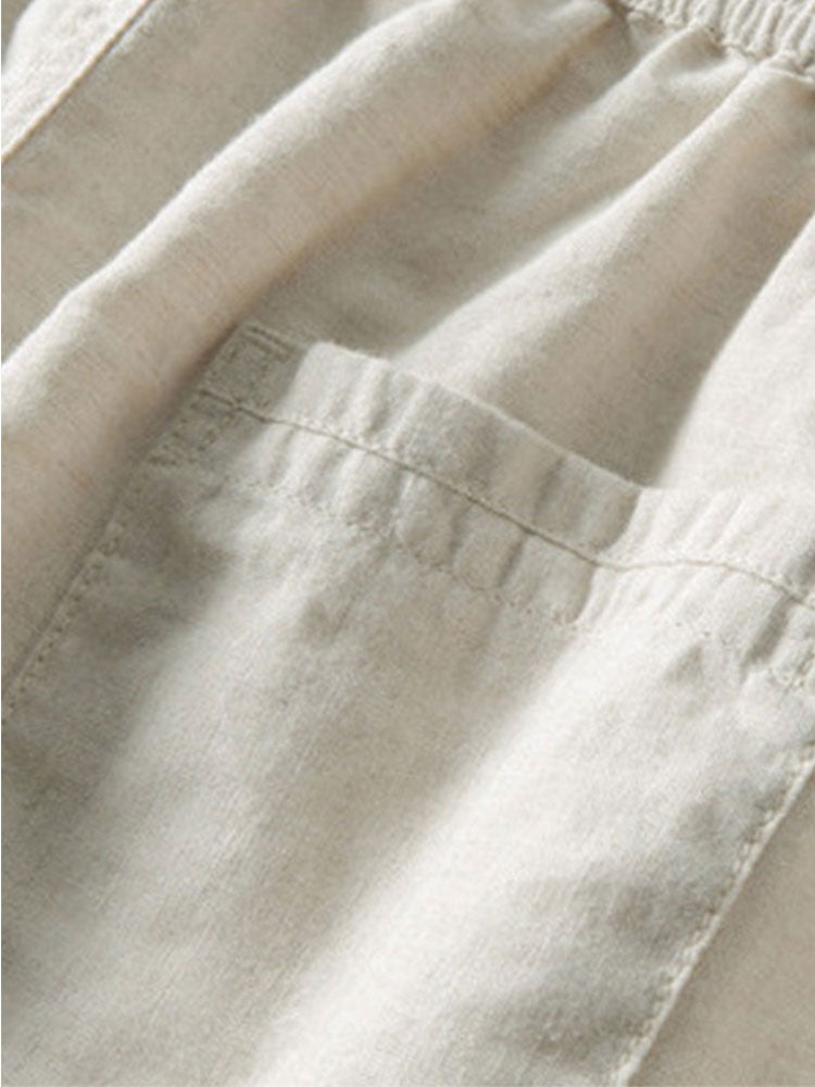 Relax Fit Crocheted V Neck Polo & Straight Leg Linen Pants