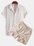 Geometric Jacquard Cuban Collar Shirt & Crinkle Textured Drawstring 5" Shorts
