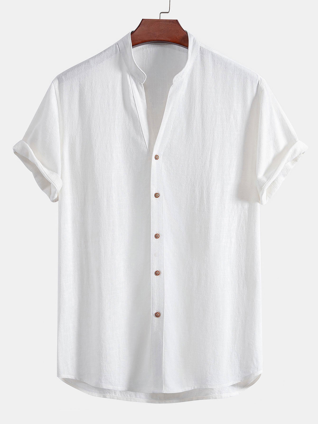 Short Sleeve V Neck Linen Rayon Blend Shirt & Crinkle Textured Drawstring 5" Shorts