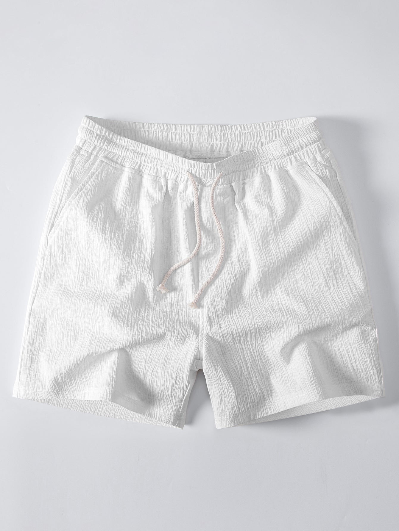 Short Sleeve Linen Look Stand Collar Shirt & Crinkle Textured Drawstring 5" Shorts