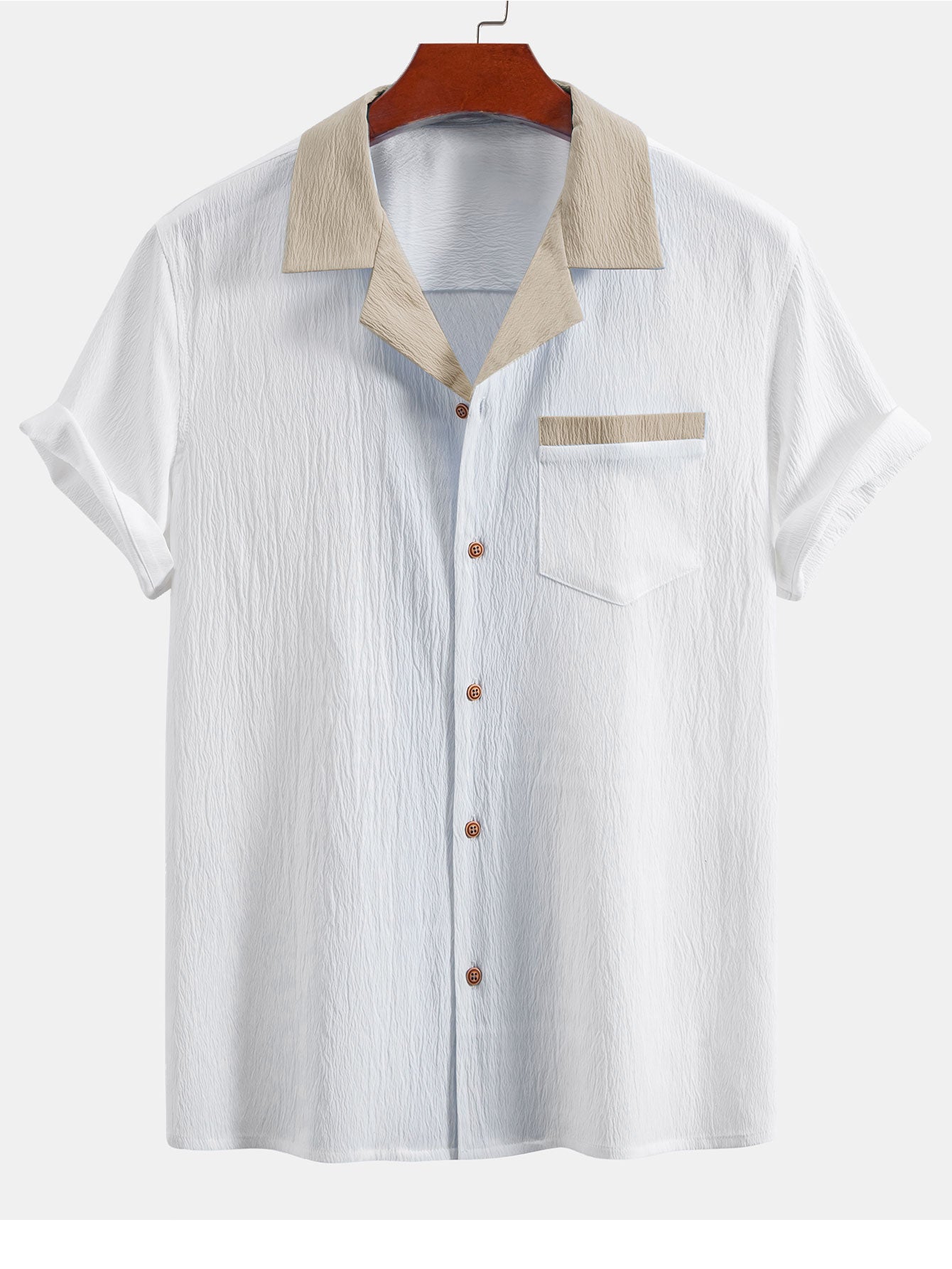 Crinkle Textured Contrast Cuban Shirt & Drawstring 5" Shorts