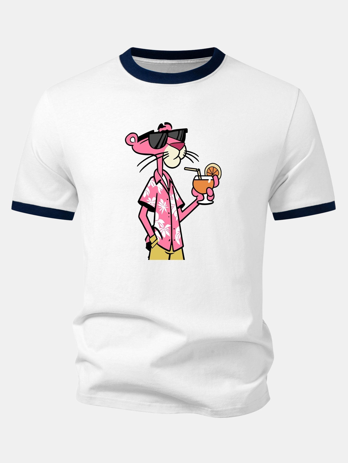 Vacation Pink Panther Print Contrast Ringer T-Shirt & 5" Drawstring  Corduroy Shorts