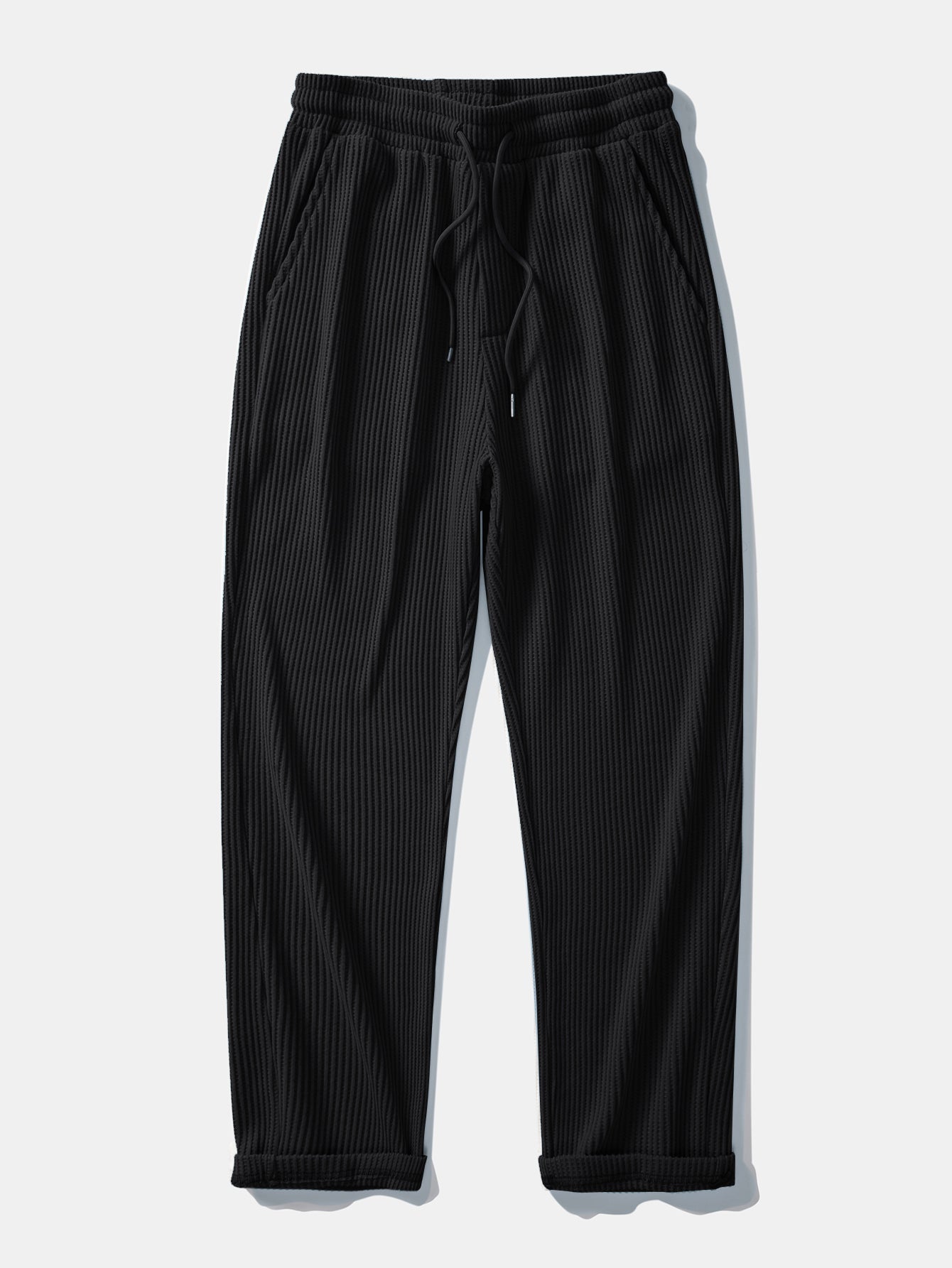 Stripe Johnny Collar Knit Polo & Drawstring Knitted Waffle Pants