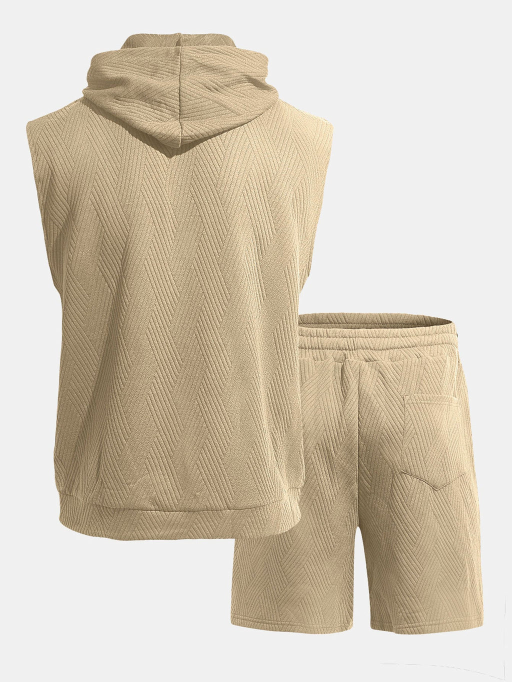 Stripe Textured Sleeveless Hooded T-Shirt & Drawstring Shorts Set
