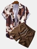 Cow Print Button Up Shirt & Crinkle Textured Drawstring 5" Shorts