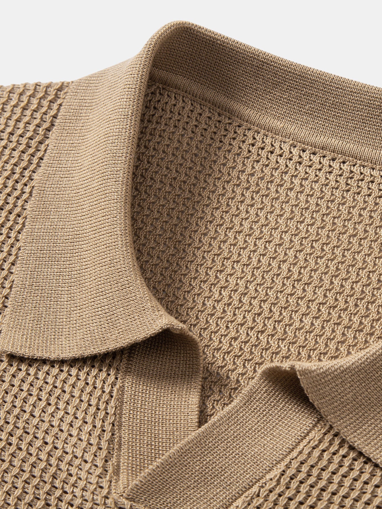Textured Johnny Collar Crocheted Knit Polo & Straight Leg Linen Pants