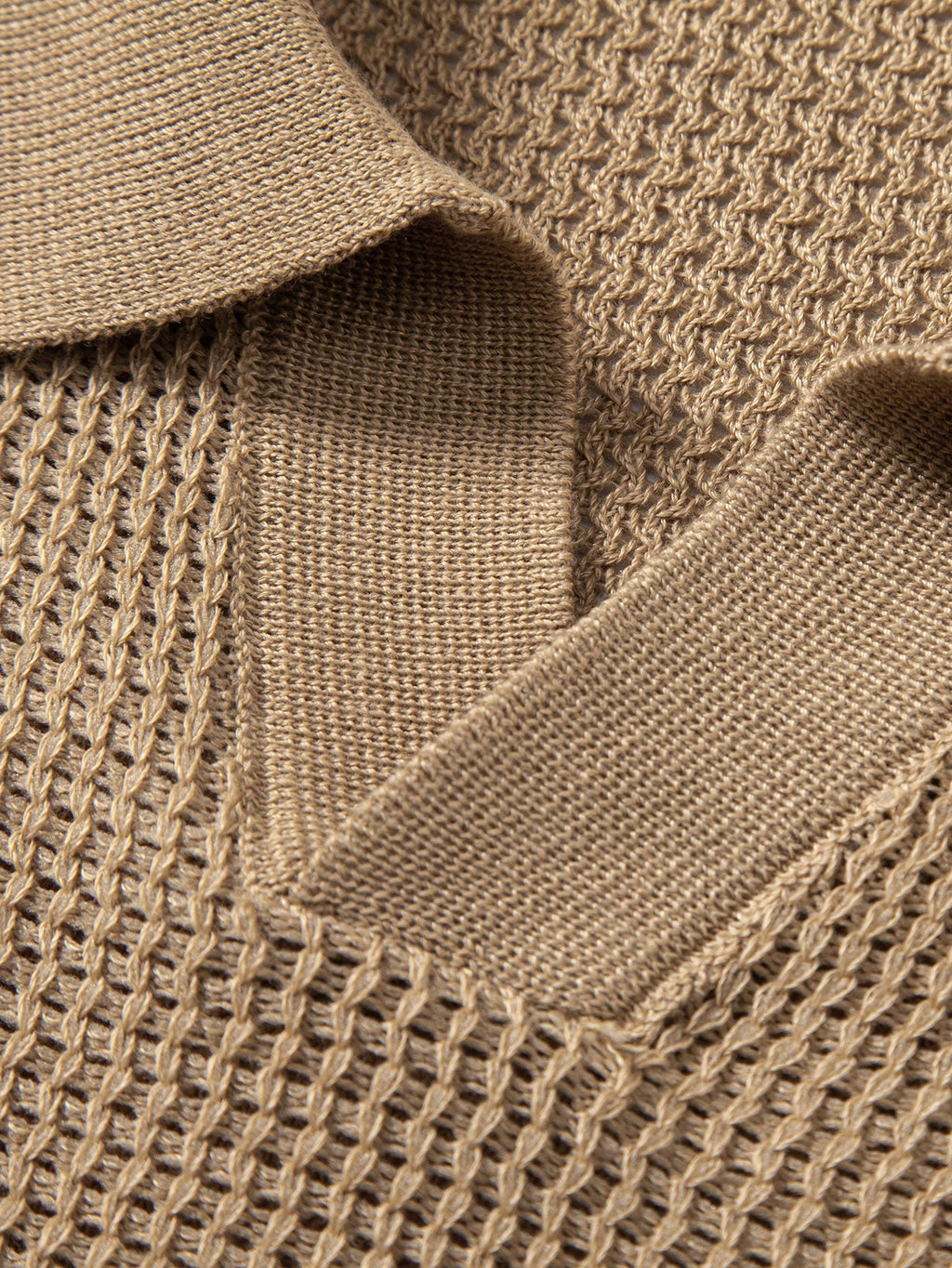 Textured Johnny Collar Crocheted Knit Polo & Crinkle Textured Straight Leg Pants