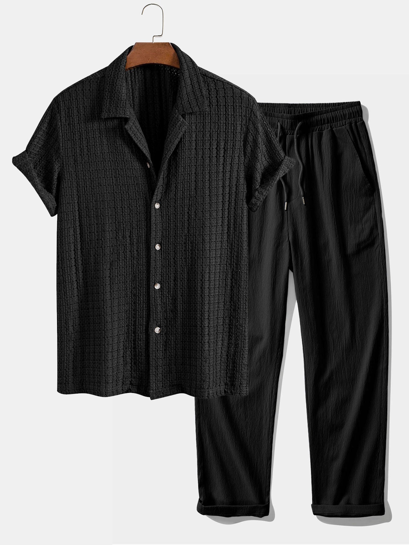 Texture Jacquard Cuban Shirt & Crinkle Textured Straight Leg Pants