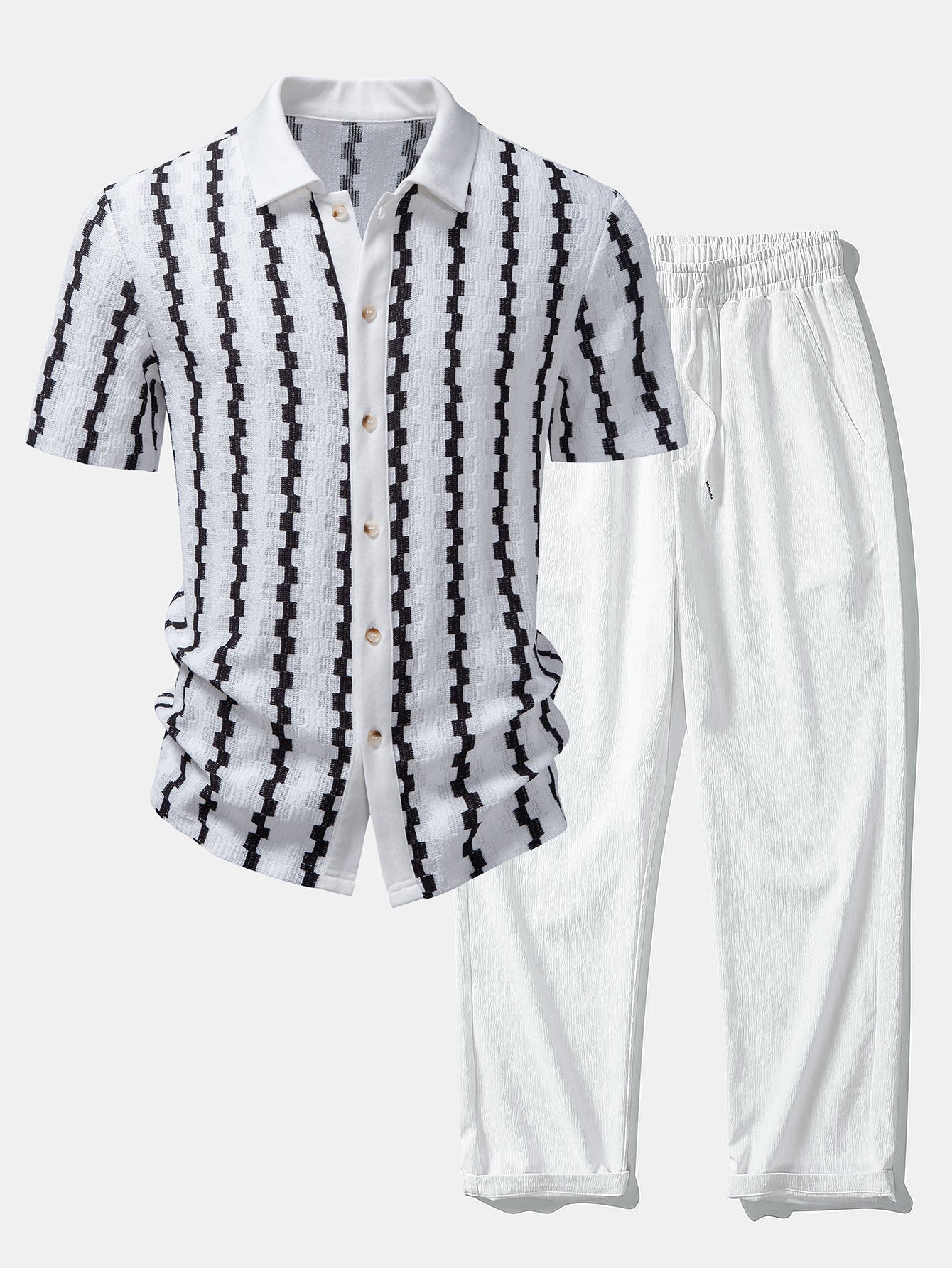 Plaid Jacquard Button Up Shirt & Crinkle Textured Straight Leg Pants