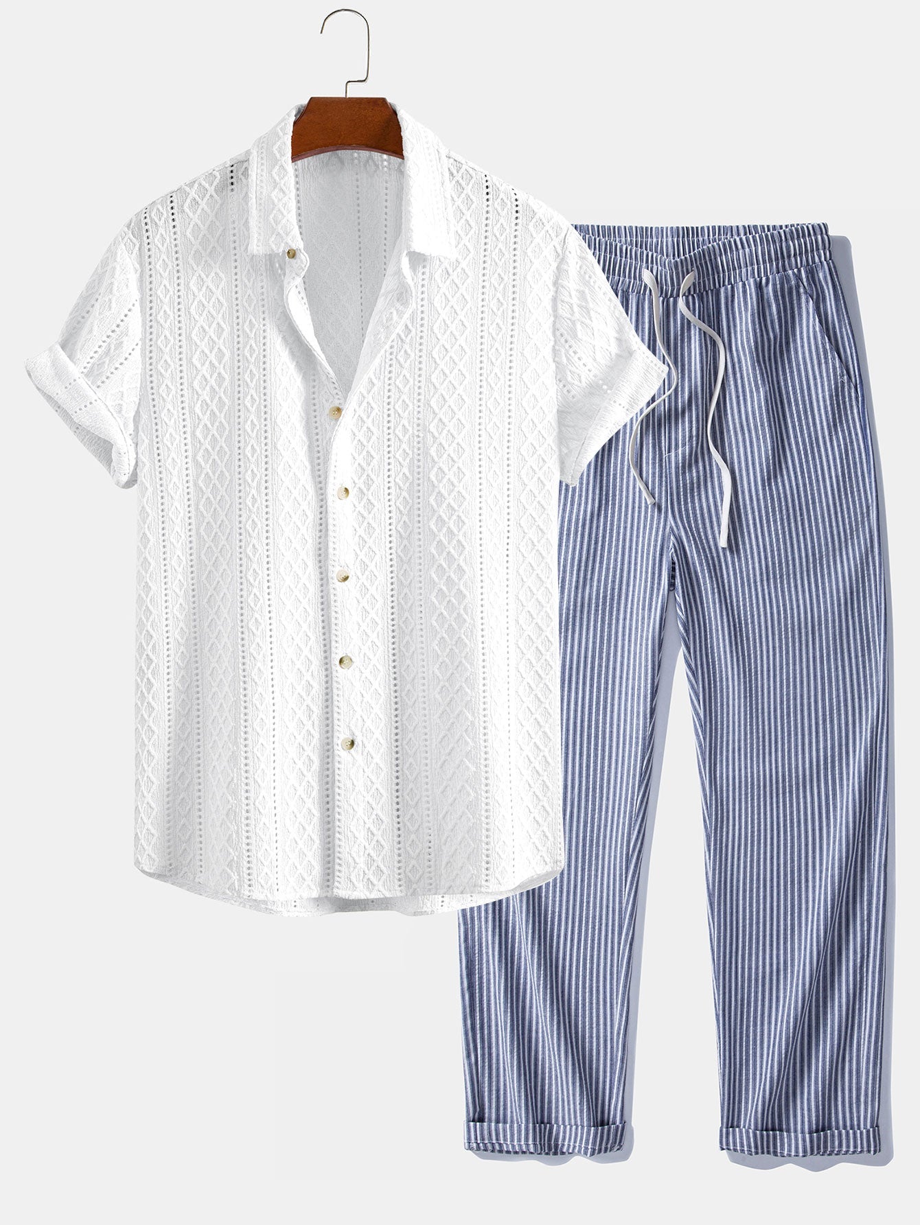 Geometry Rhombus Jacquard Button Up Shirt & Linen Look Stripe Straight Leg Pants