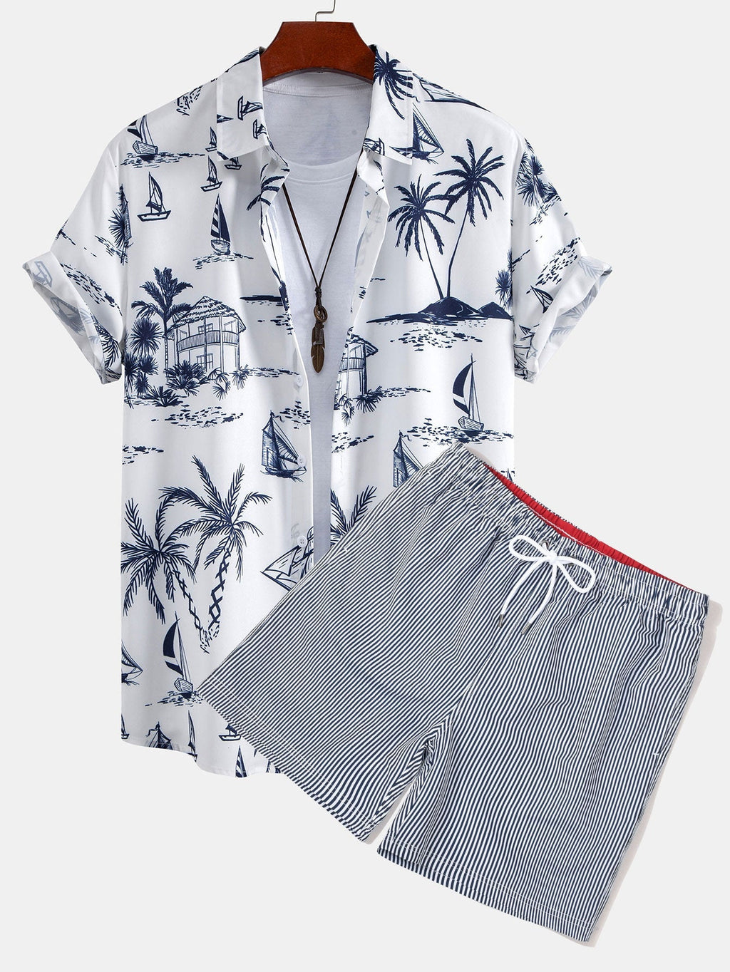 Ilha Sailing Print Button Up Shirt & Vertical Striped String Swims