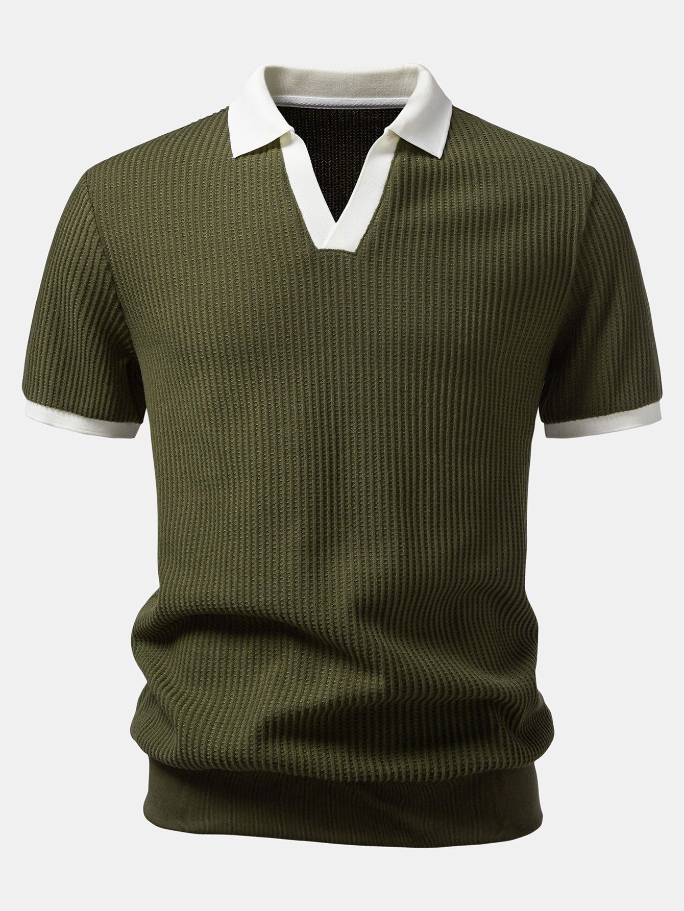 Contrast Knit Waffle Johnny Collar Polo & Drawstring Knitted Waffle Shorts