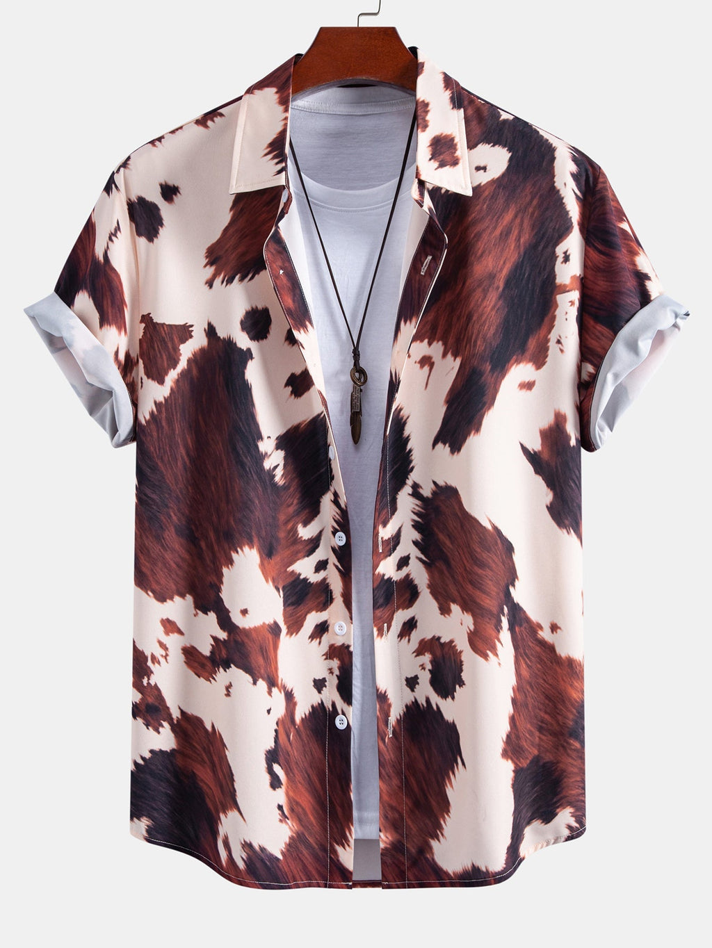 Cow Print Button Up Shirt & Crinkle Textured Drawstring 5" Shorts