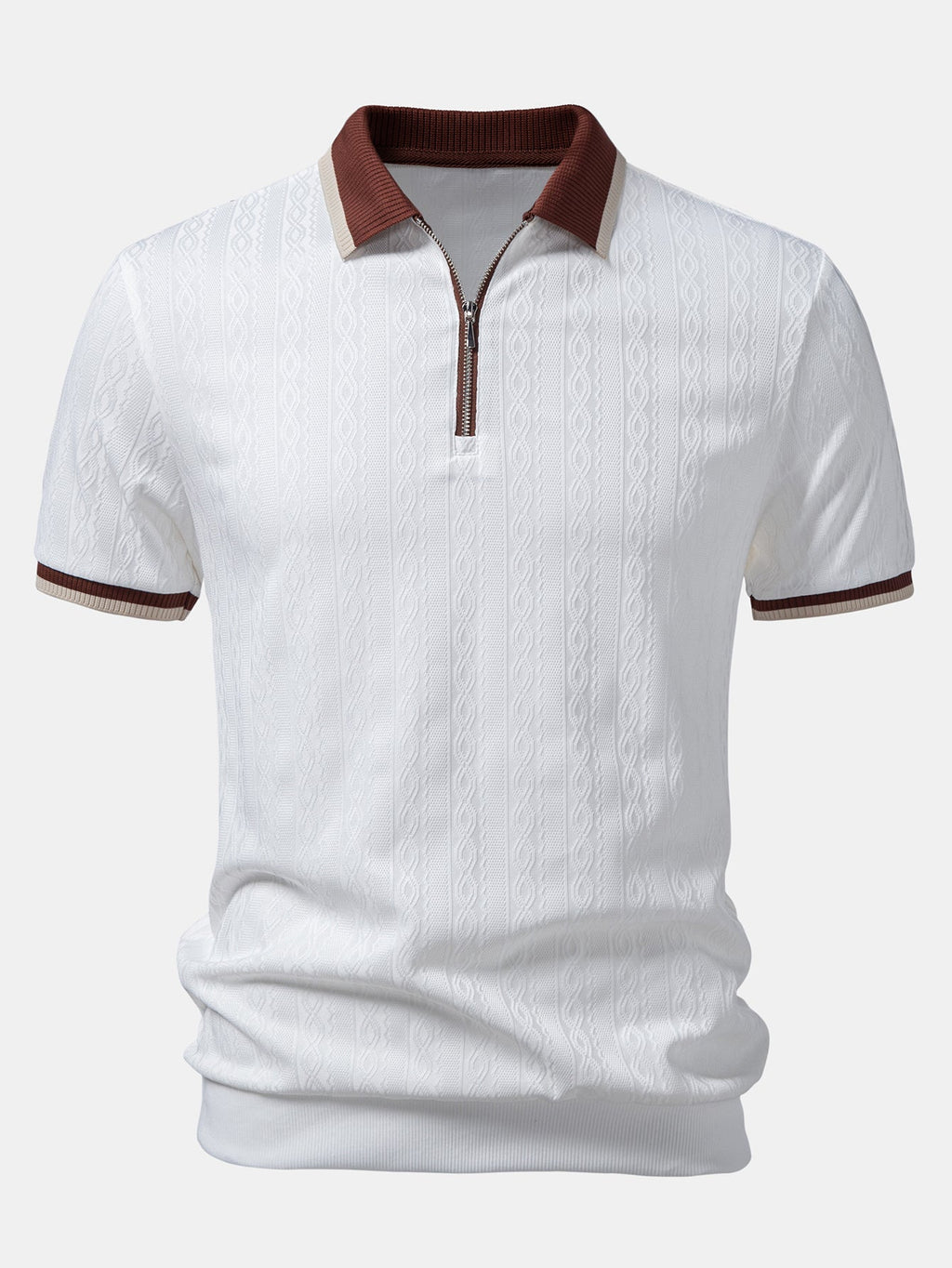 Contrast Trim Textured Zipper Knit Polo & Elastic Waist Straight Leg Trousers