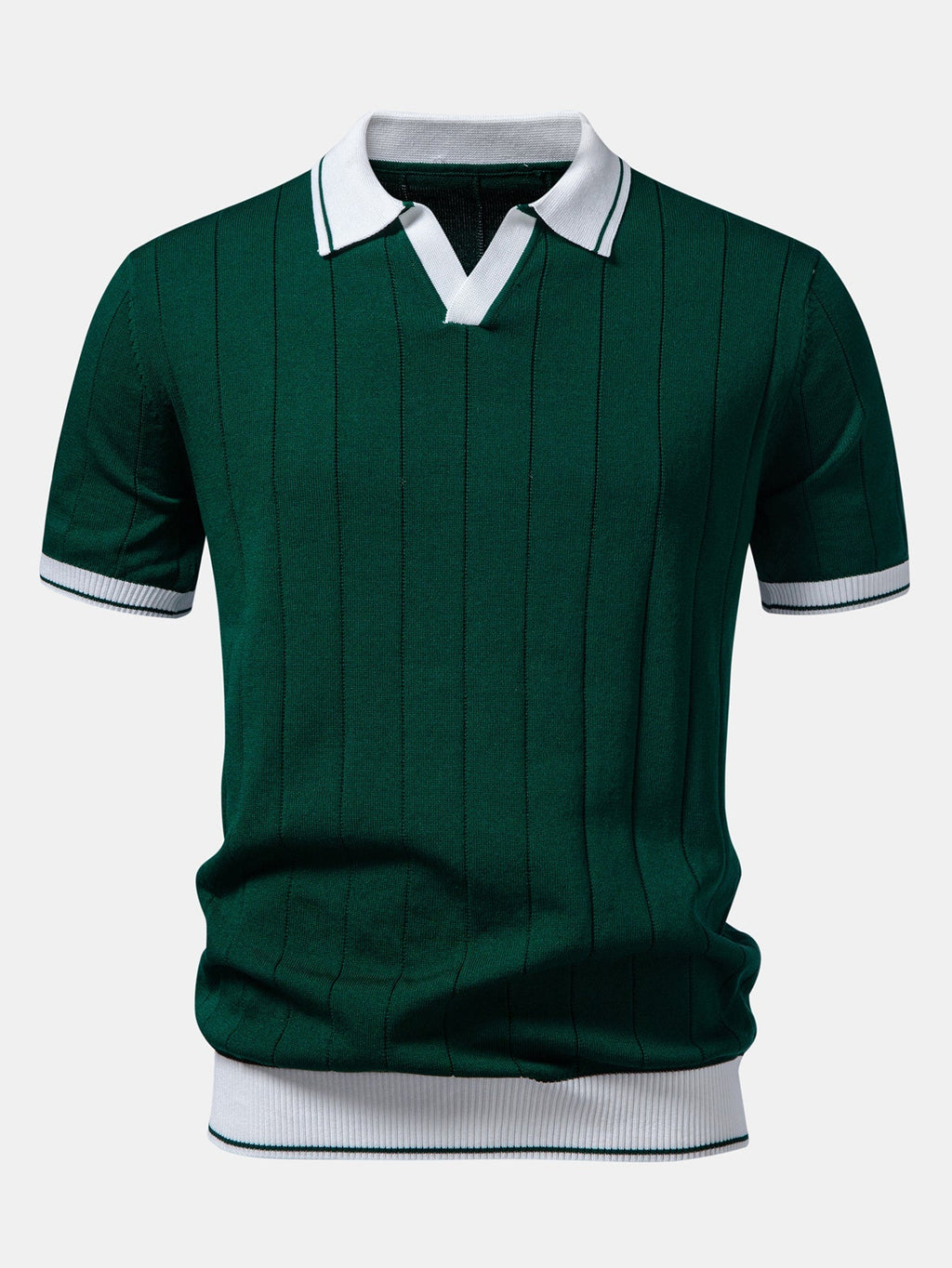 Contrast Trim Ribbed Johnny Collar Knit Polo & Straight Leg Ribbed Pants