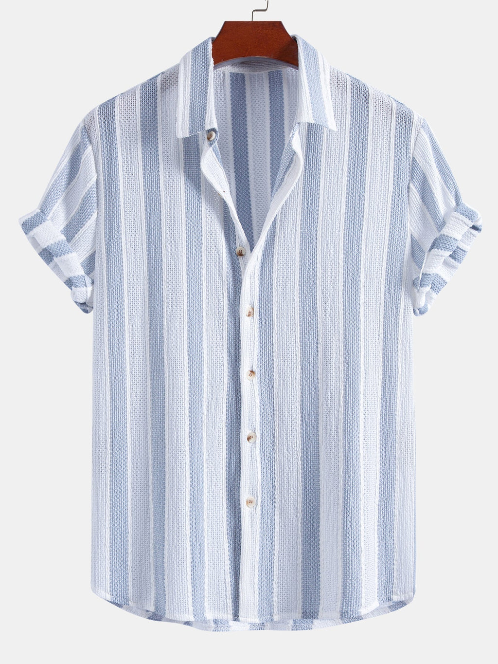 Textured Striped Button Up Shirt & Crinkle Textured Drawstring 5" Shorts