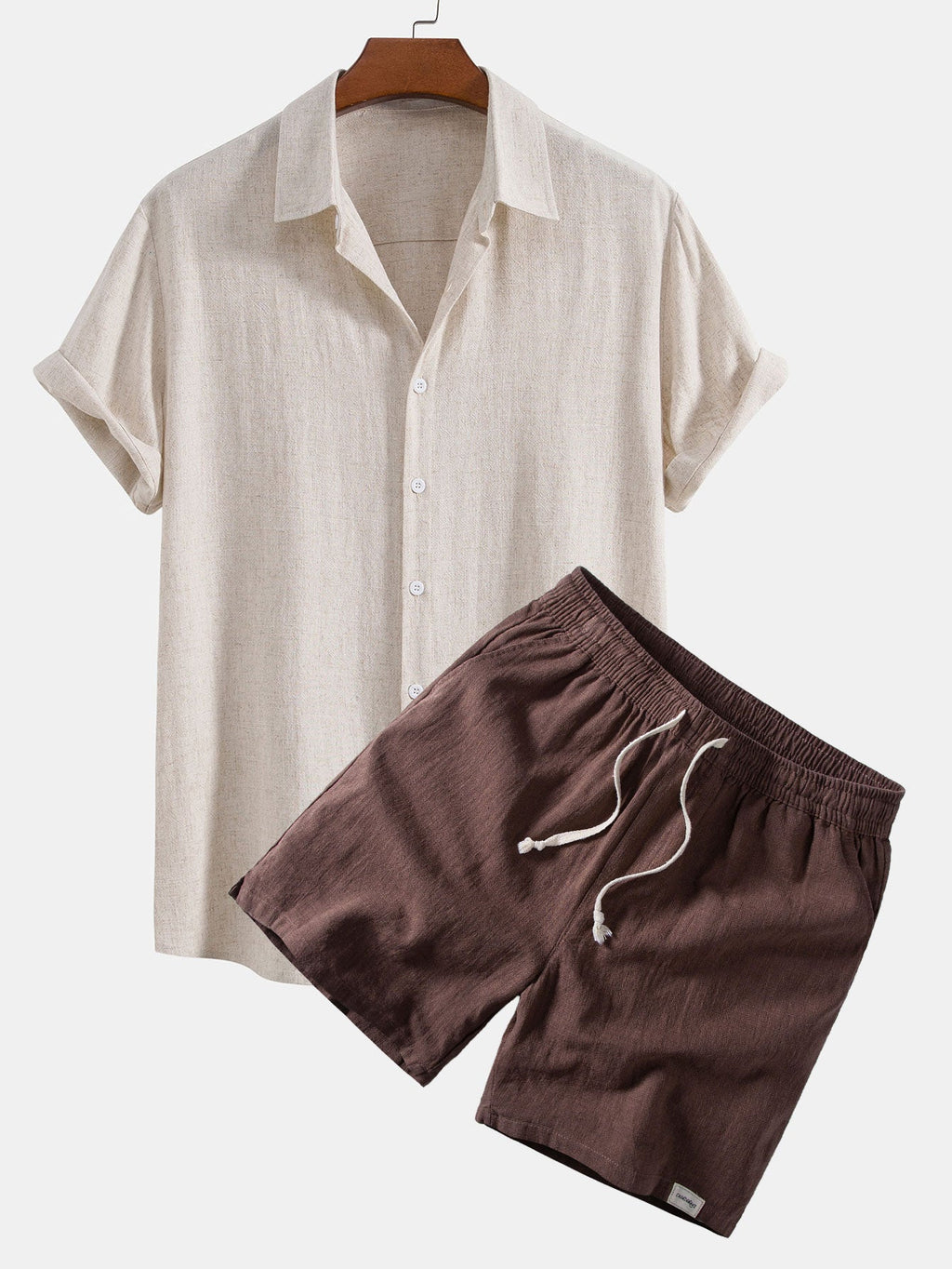 Linen Rayon Blend Button Up Shirt & Linen Blend Drawstring 7" Shorts