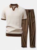 Contrast Textured Johnny Collar Knit Polo & Crinkle Textured Straight Leg Pants
