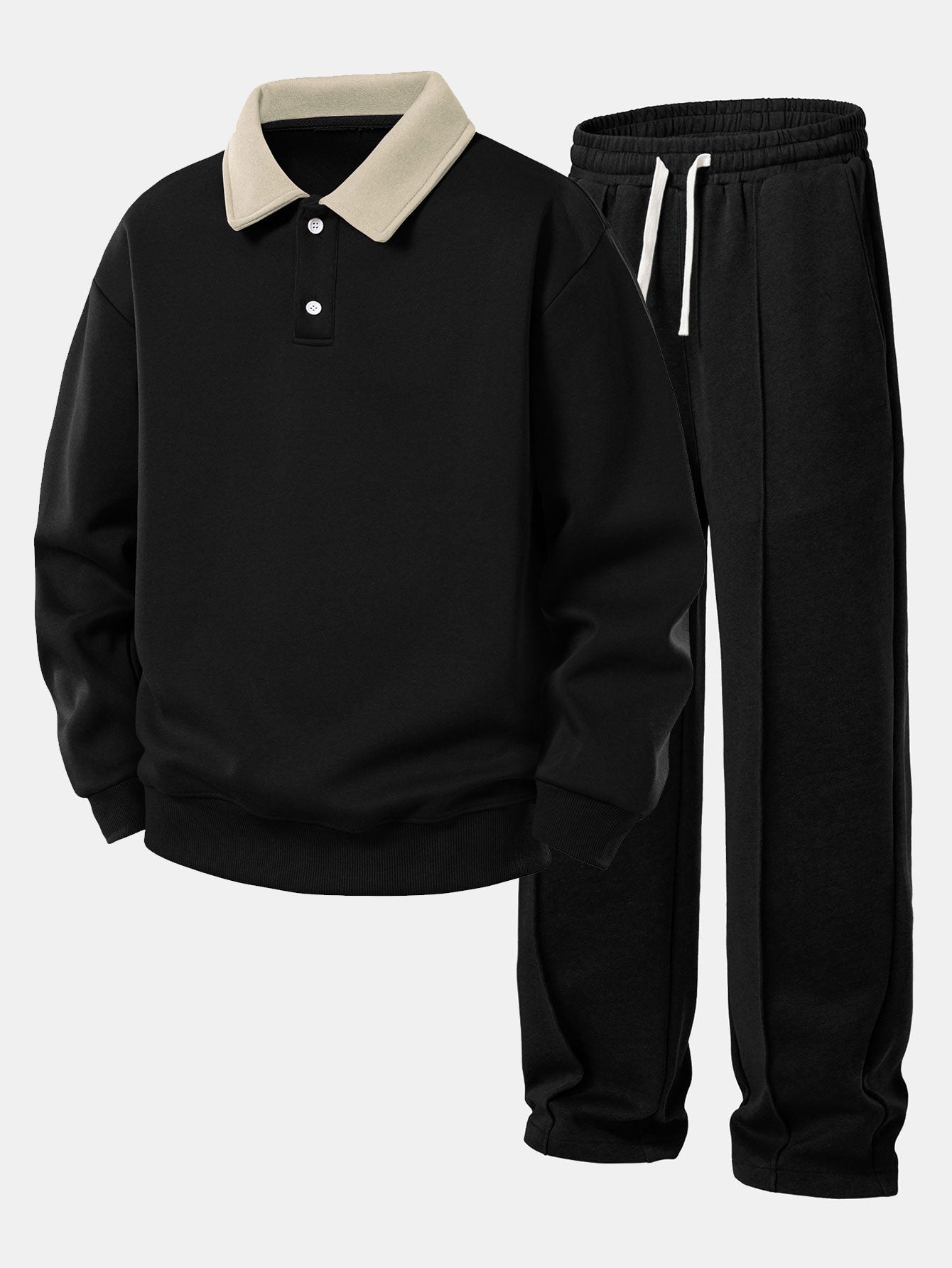 Relax Fit Contrast Polo Sweatshirt & Straight Leg Pleated Pintuck Sweatpants